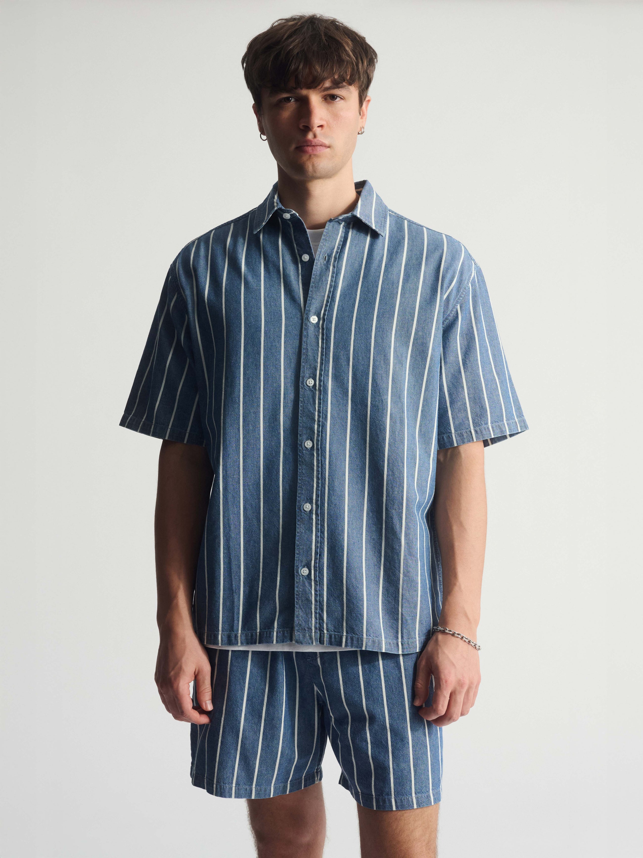 Men's Striped Short Sleeve Shirt In Blue Striped - BROOKLYN INDUSTRIES