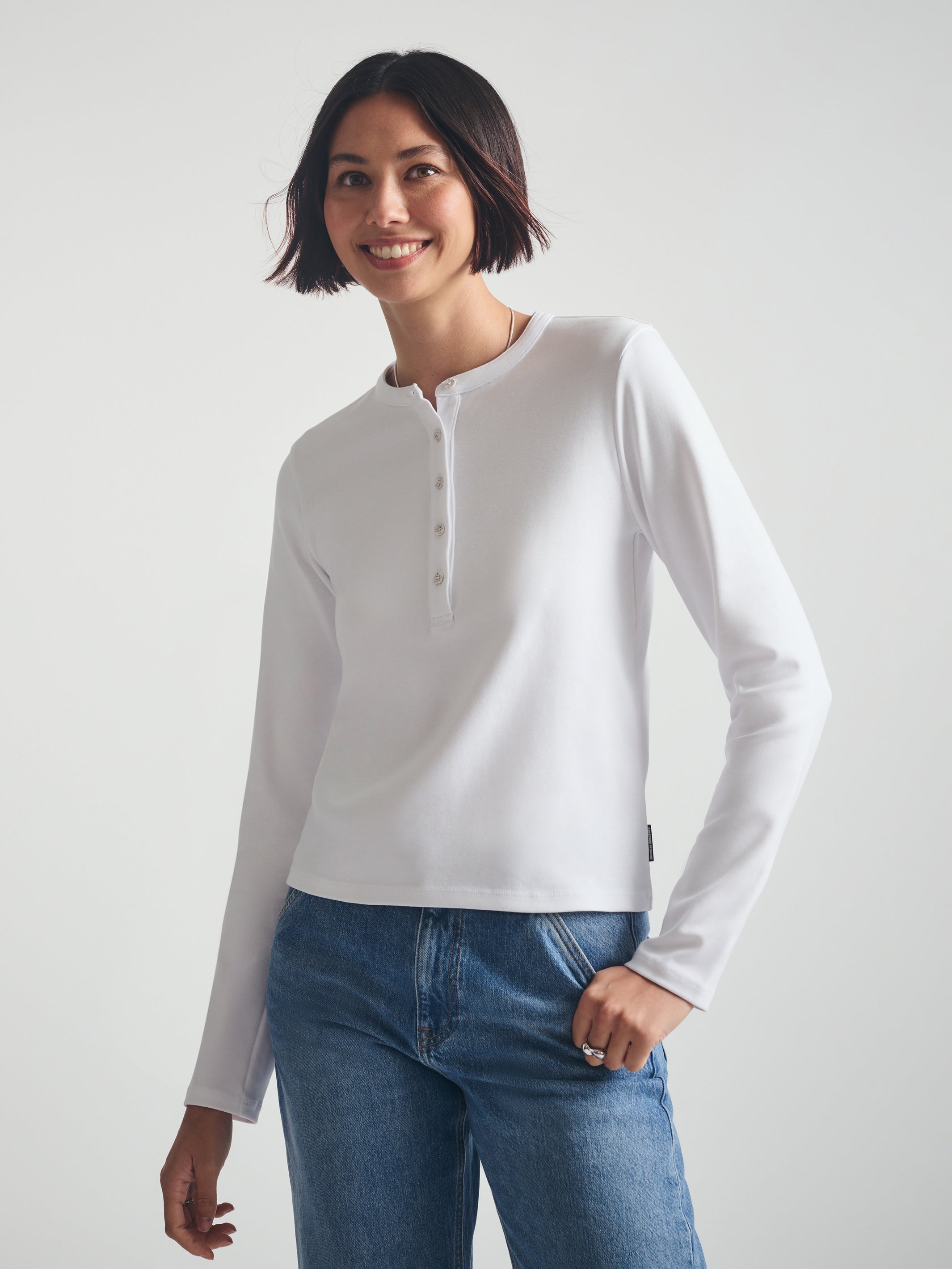 Women's Cropped Henley T-Shirt in White - BROOKLYN INDUSTRIES