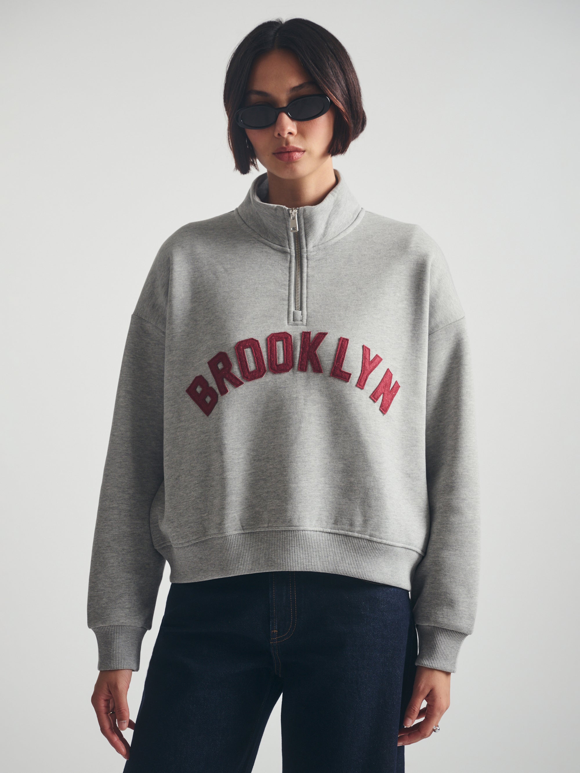Women's Brooklyn Half Zip Sweatshirt in Mid Grey Melange - BROOKLYN INDUSTRIES