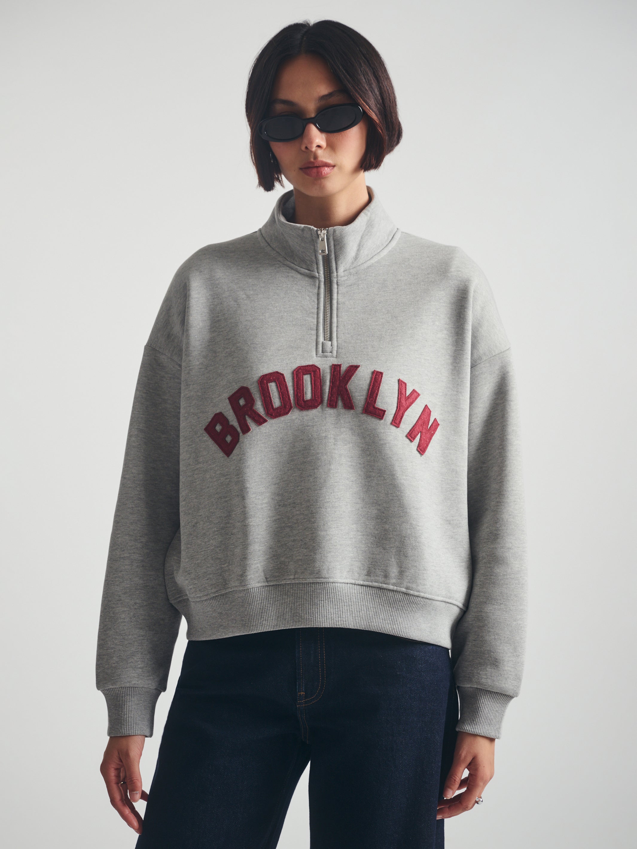 Women's Brooklyn Half Zip Sweatshirt in Mid Grey Melange - BROOKLYN INDUSTRIES