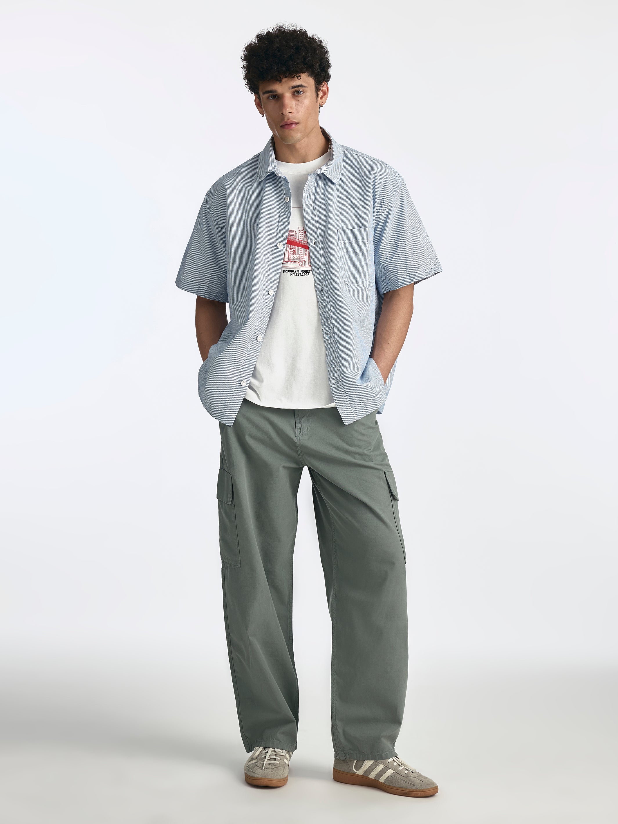 Men's Short Sleeve Striped Shirt in Blue Striped - BROOKLYN INDUSTRIES