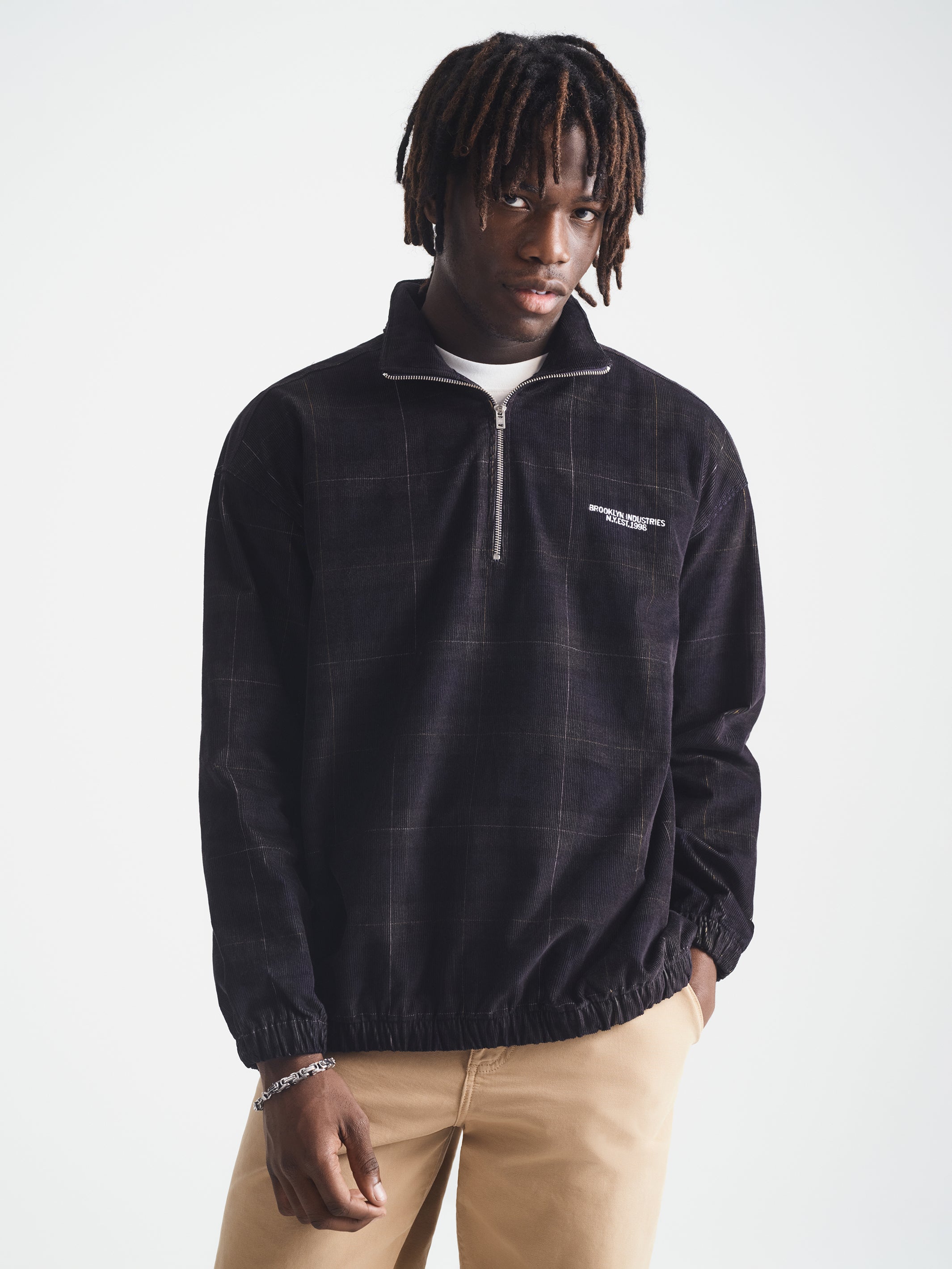 Men's Brooklyn Half Zip Plaid Overshirt in Black Iris Check