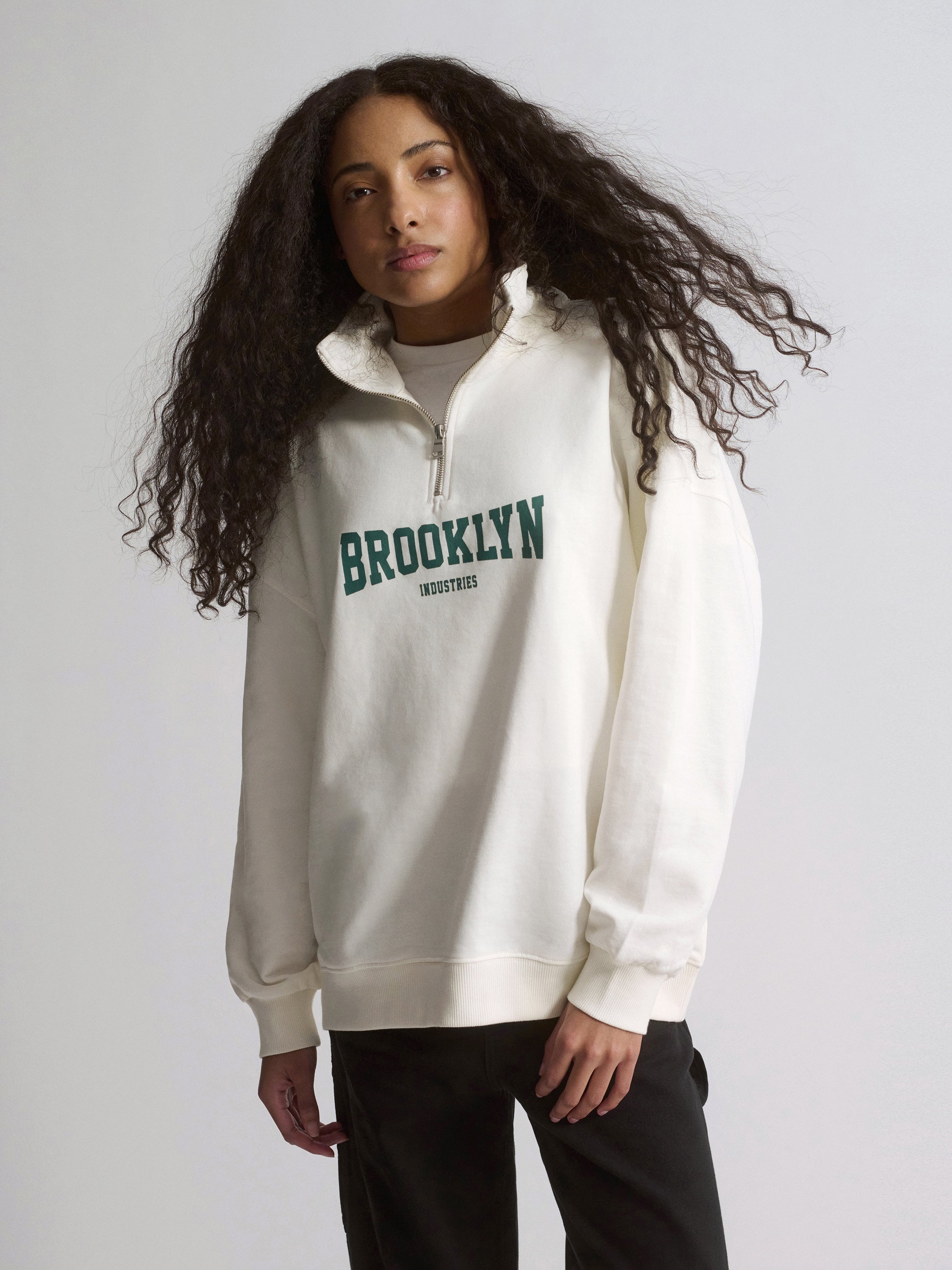 Women's Brooklyn Oversized Half-Zip Sweatshirt In Antique White - BROOKLYN INDUSTRIES