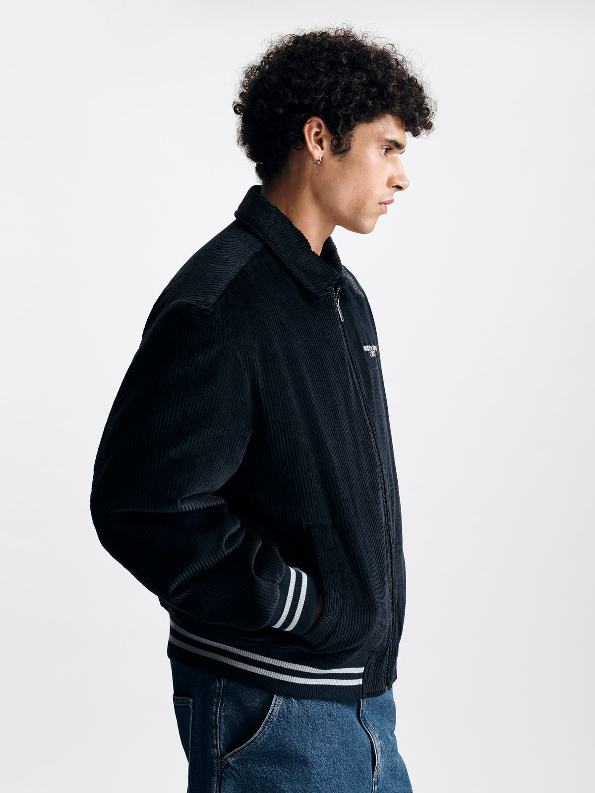 Men's Corduroy Logo Bomber Jacket in Blue Graphite - BROOKLYN INDUSTRIES