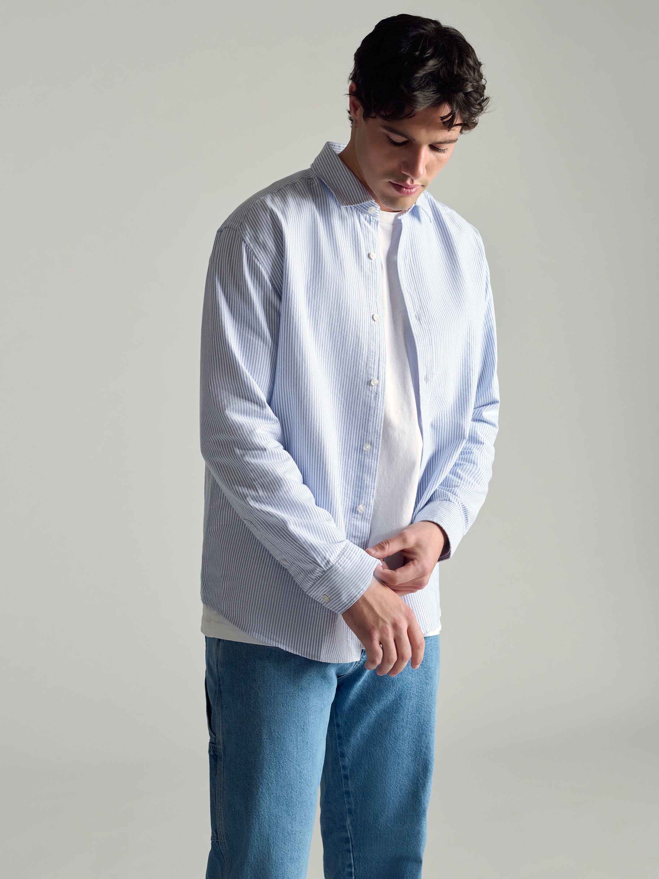 Men's Long Sleeve Shirt In Blue Striped - BROOKLYN INDUSTRIES