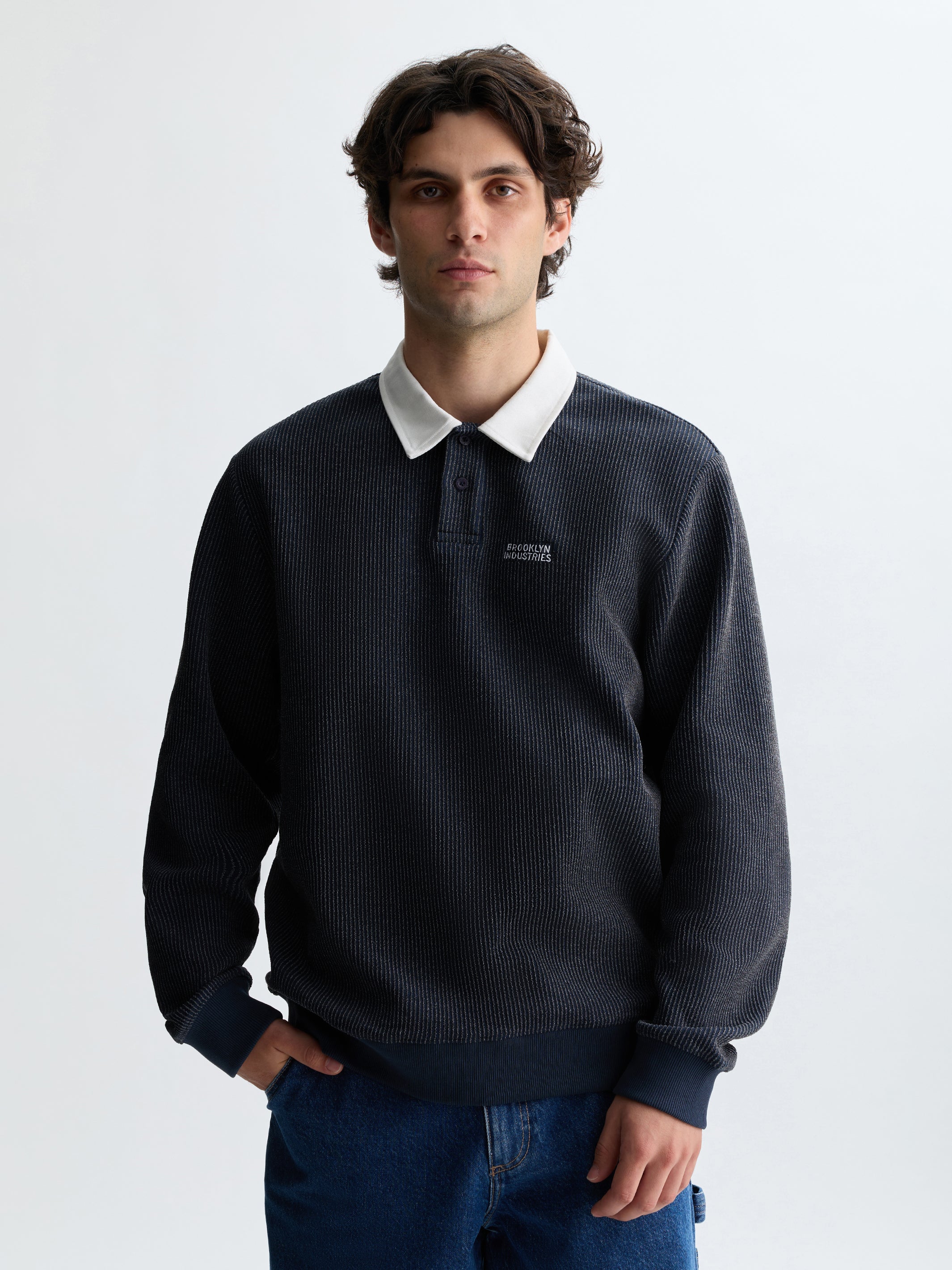 Men's Interlock Logo Polo Sweatshirt in Naval Academy - BROOKLYN INDUSTRIES