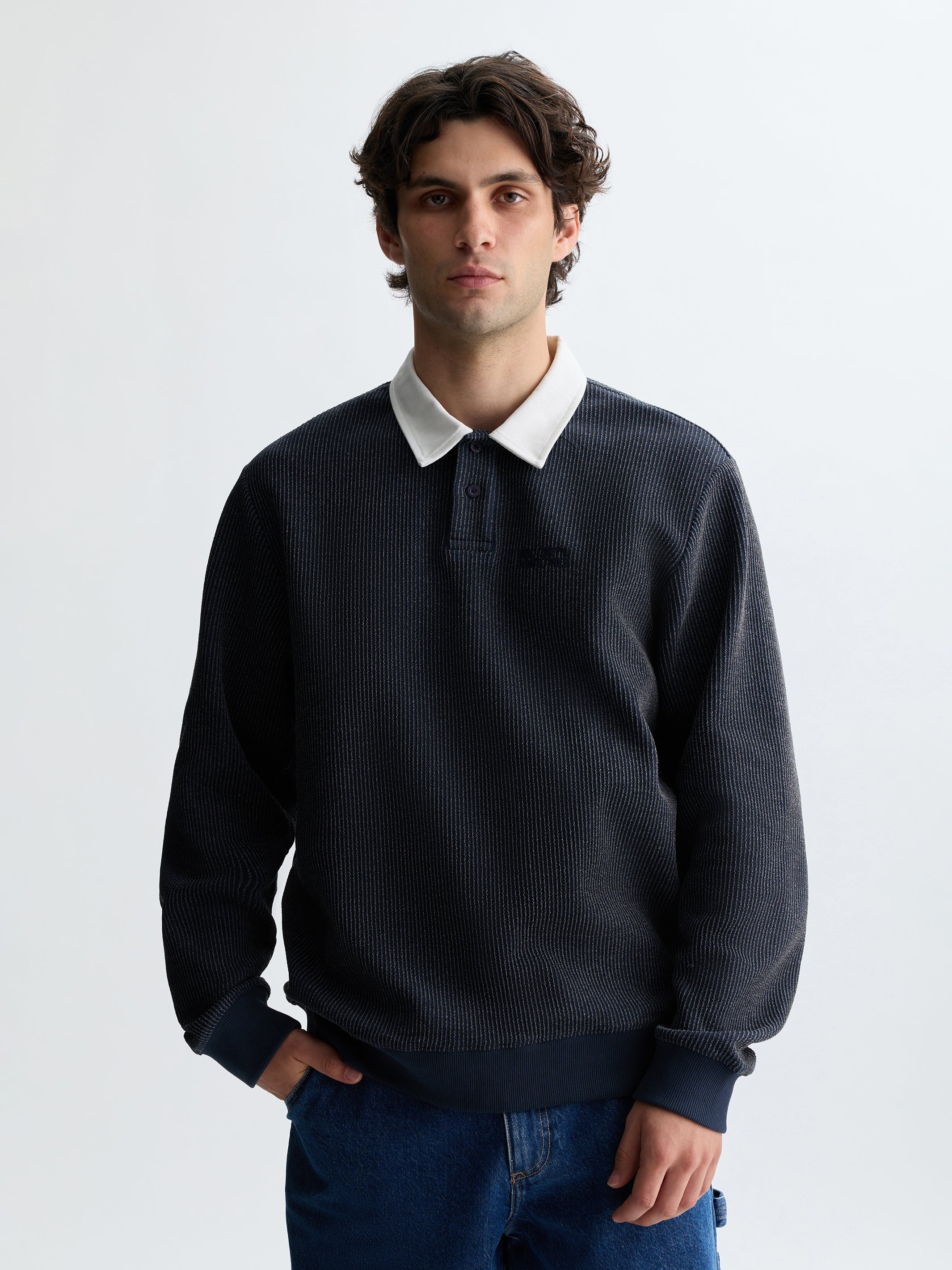 Men's Interlock Logo Polo Sweatshirt in Naval Academy - BROOKLYN INDUSTRIES