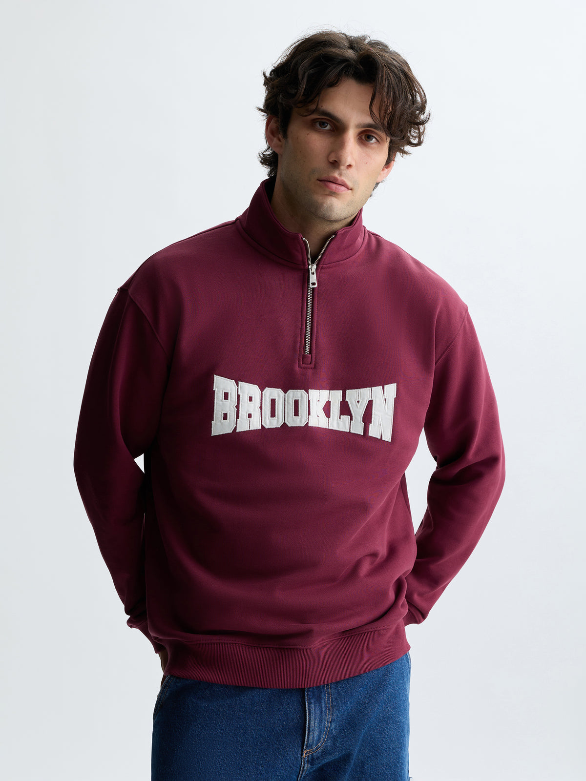 Men's Brooklyn Half Zip Sweatshirt in Maroon Banner - BROOKLYN INDUSTRIES
