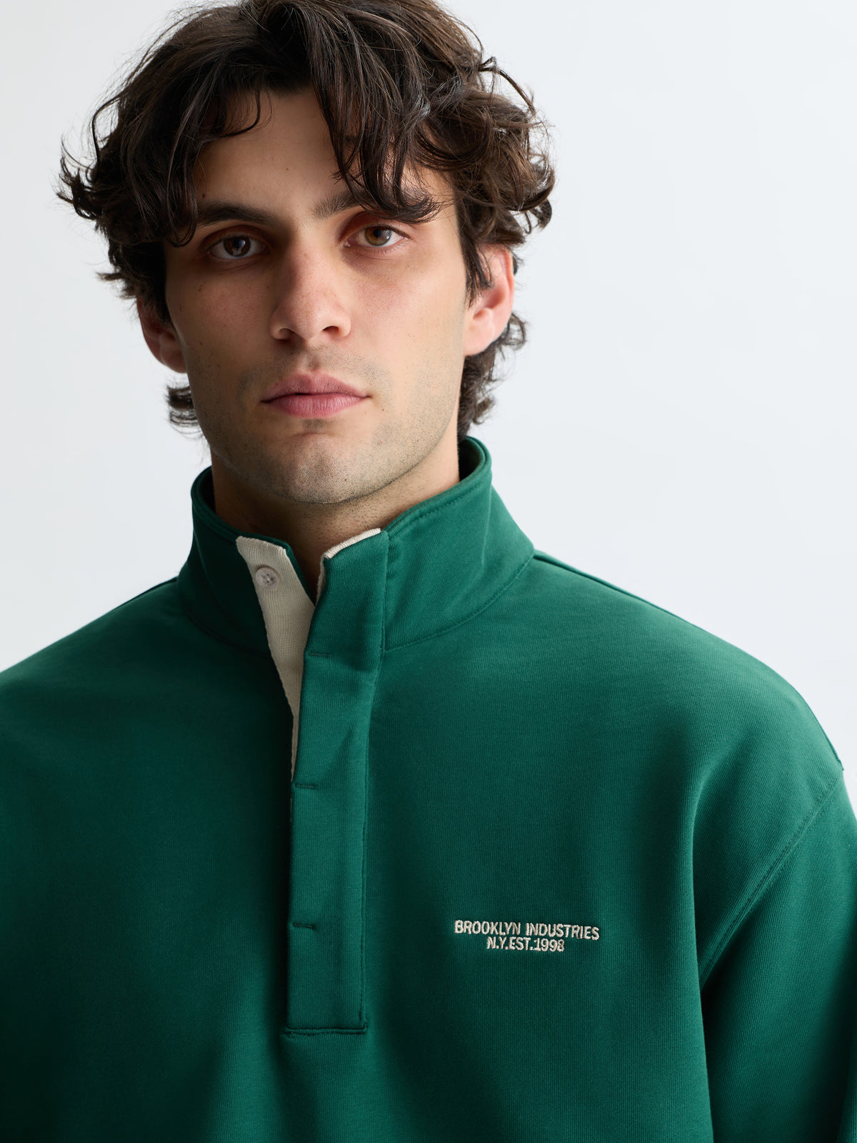 Men's Half Buttoned Logo Sweatshirt in Hunter Green - BROOKLYN INDUSTRIES