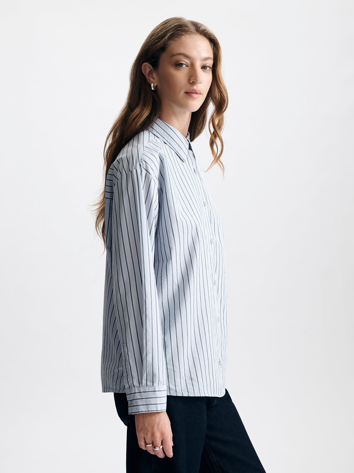 Women's Oversized Long Sleeve Shirt in Blue Stripe - BROOKLYN INDUSTRIES