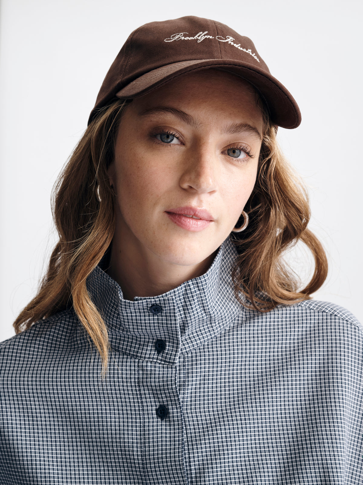 Women's Cropped Drawstring Long Sleeve Shirt in Mood Indigo Check - BROOKLYN INDUSTRIES