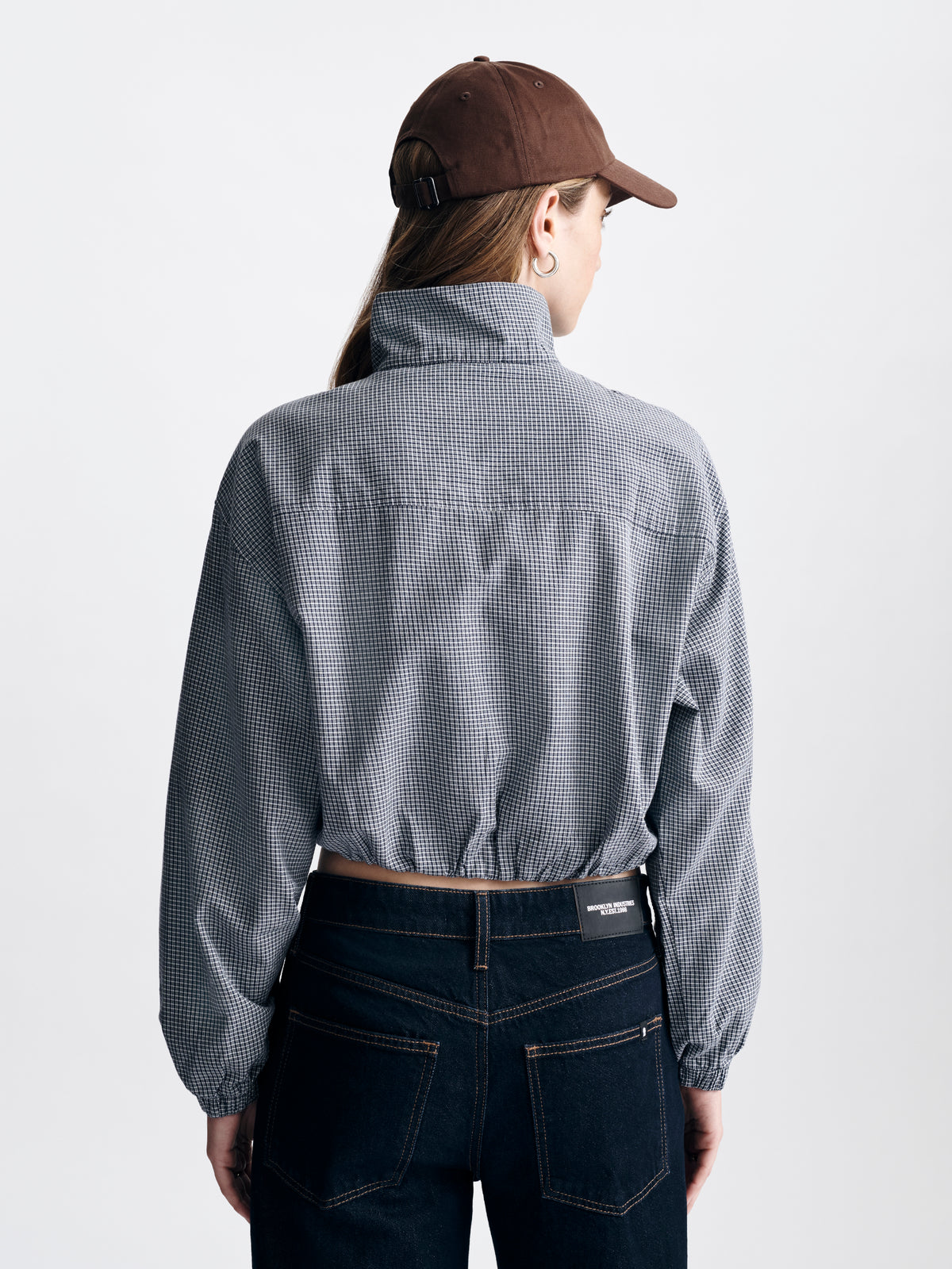 Women's Cropped Drawstring Long Sleeve Shirt in Mood Indigo Check - BROOKLYN INDUSTRIES