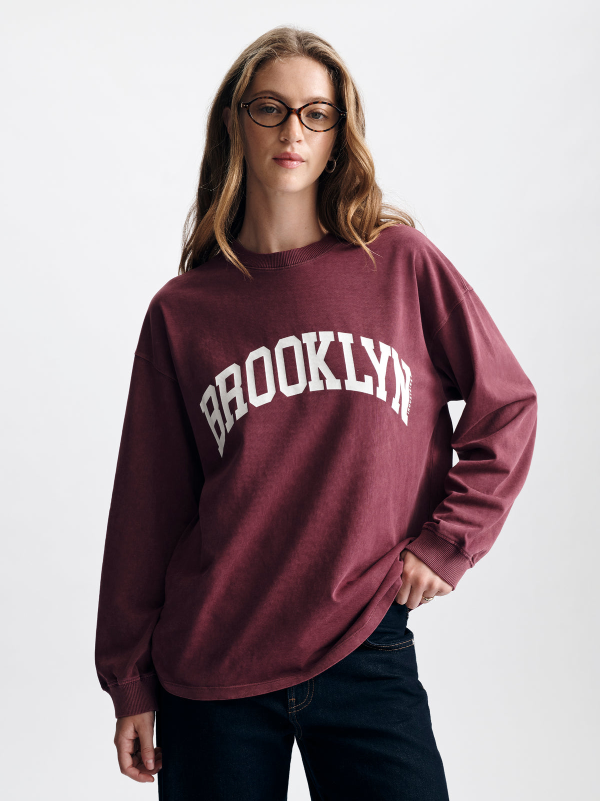 Women's Brooklyn Long Sleeve T-Shirt in Maroon Banner - BROOKLYN INDUSTRIES