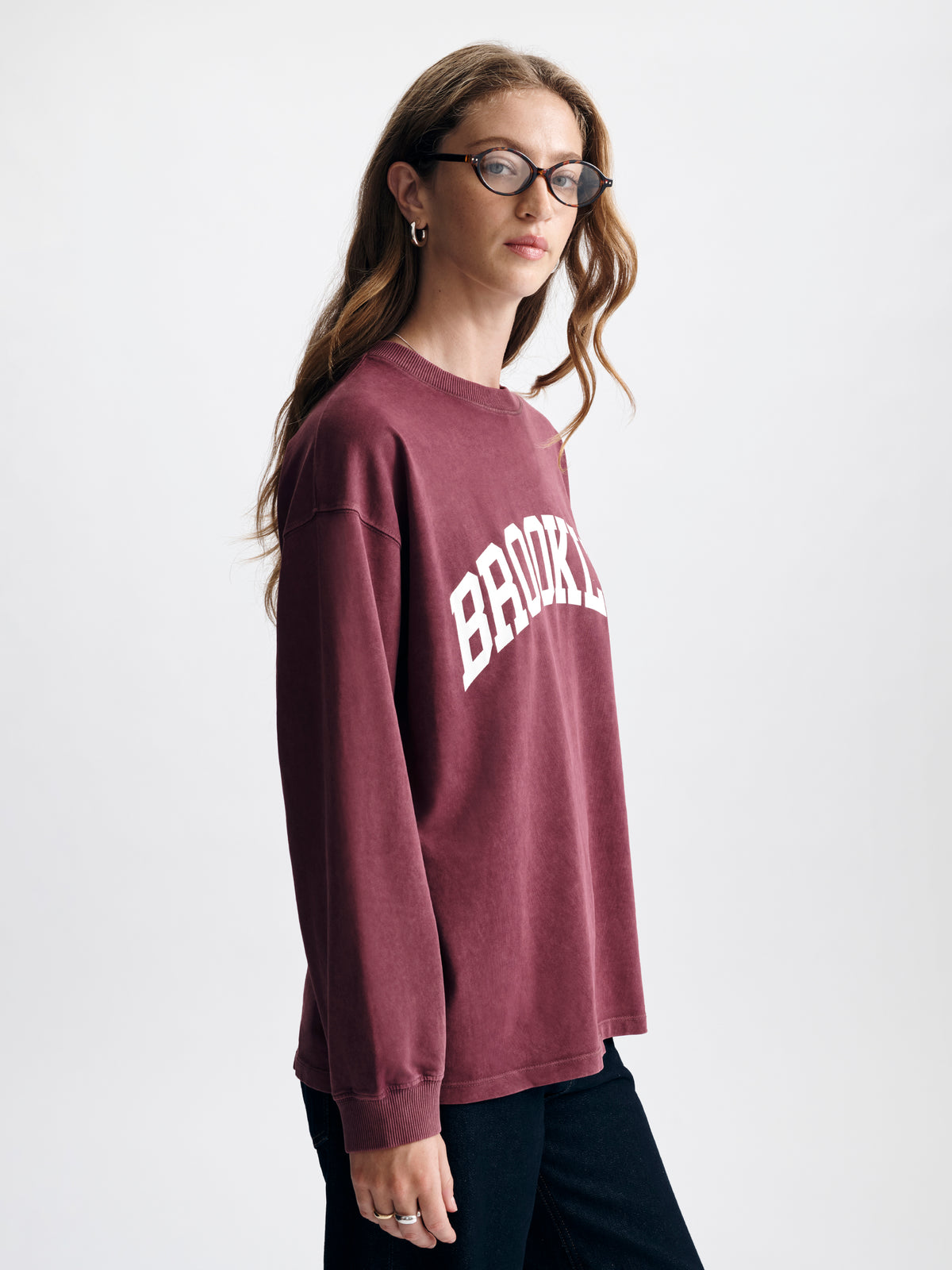 Women's Brooklyn Long Sleeve T-Shirt in Maroon Banner - BROOKLYN INDUSTRIES