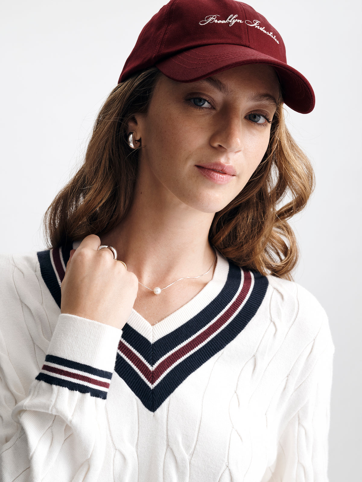 Women's Cable-Knit Varsity Sweater in White Alyssum - BROOKLYN INDUSTRIES