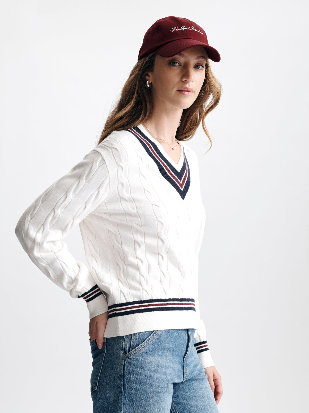 Women's Cable-Knit Varsity Sweater in White Alyssum - BROOKLYN INDUSTRIES