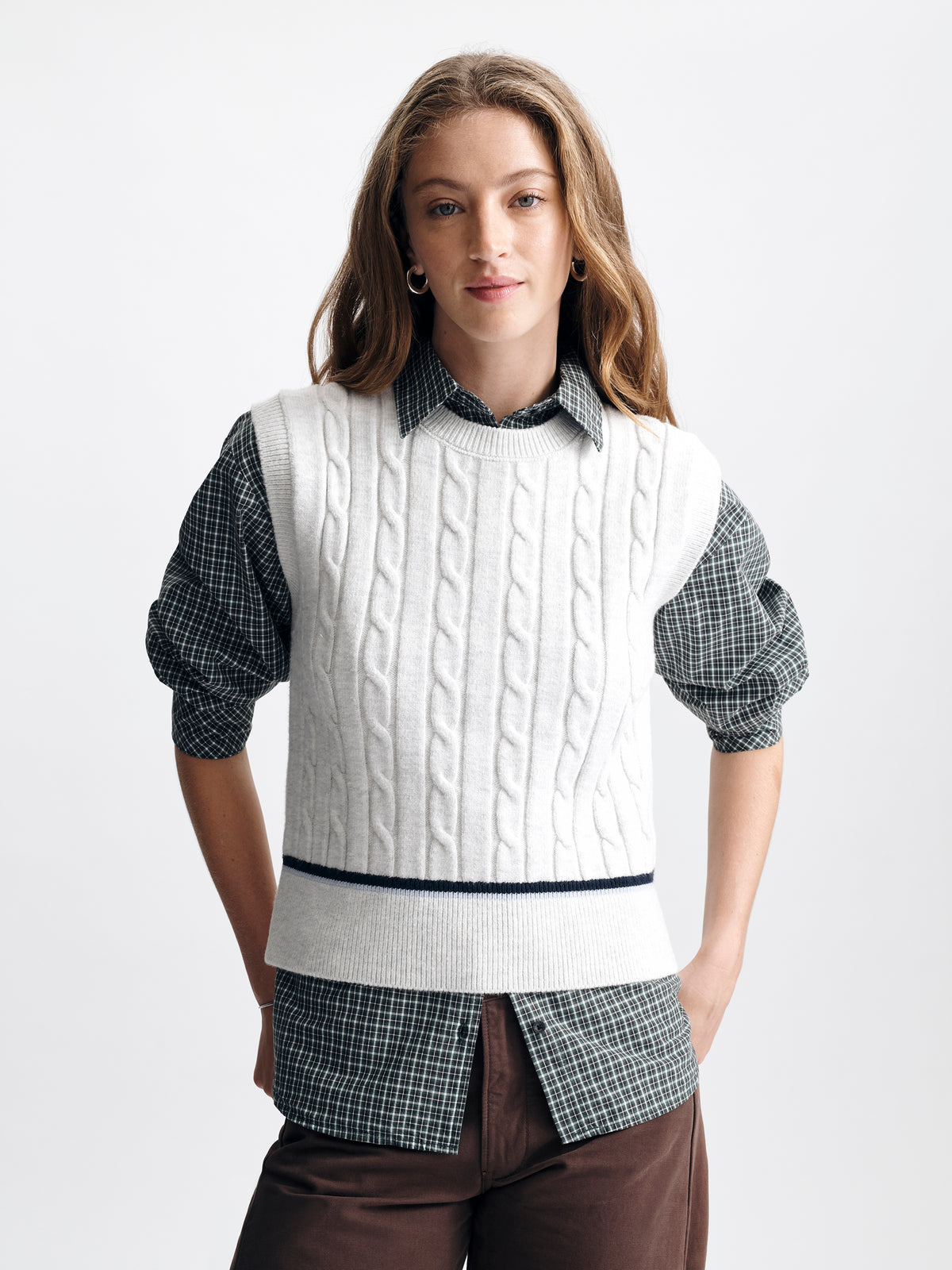 Women's Cable-Knit Varsity Sweater Vest in Light Grey Melange - BROOKLYN INDUSTRIES