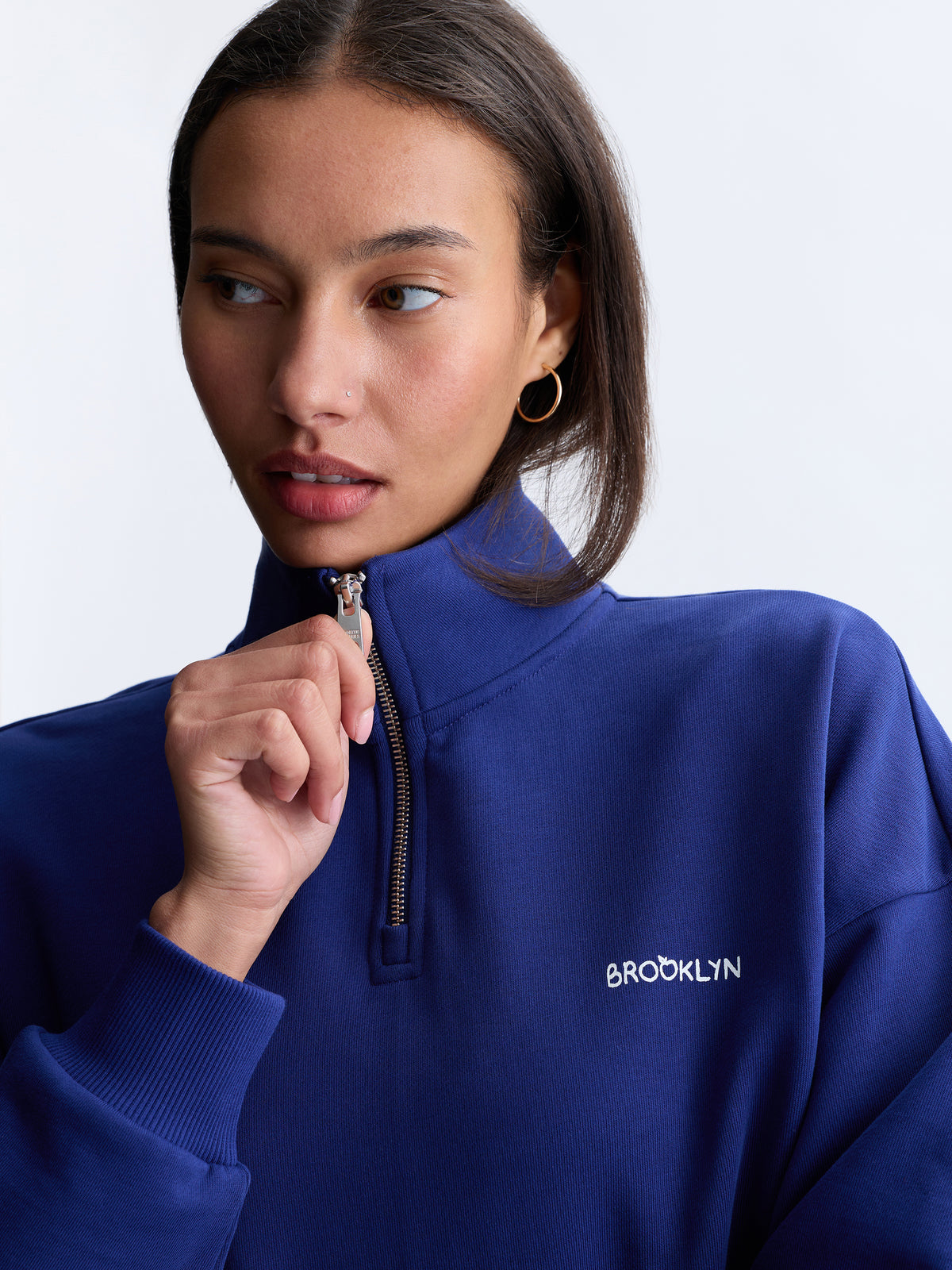 Women's Apple Tree Half Zip Sweatshirt in Blueprint - BROOKLYN INDUSTRIES