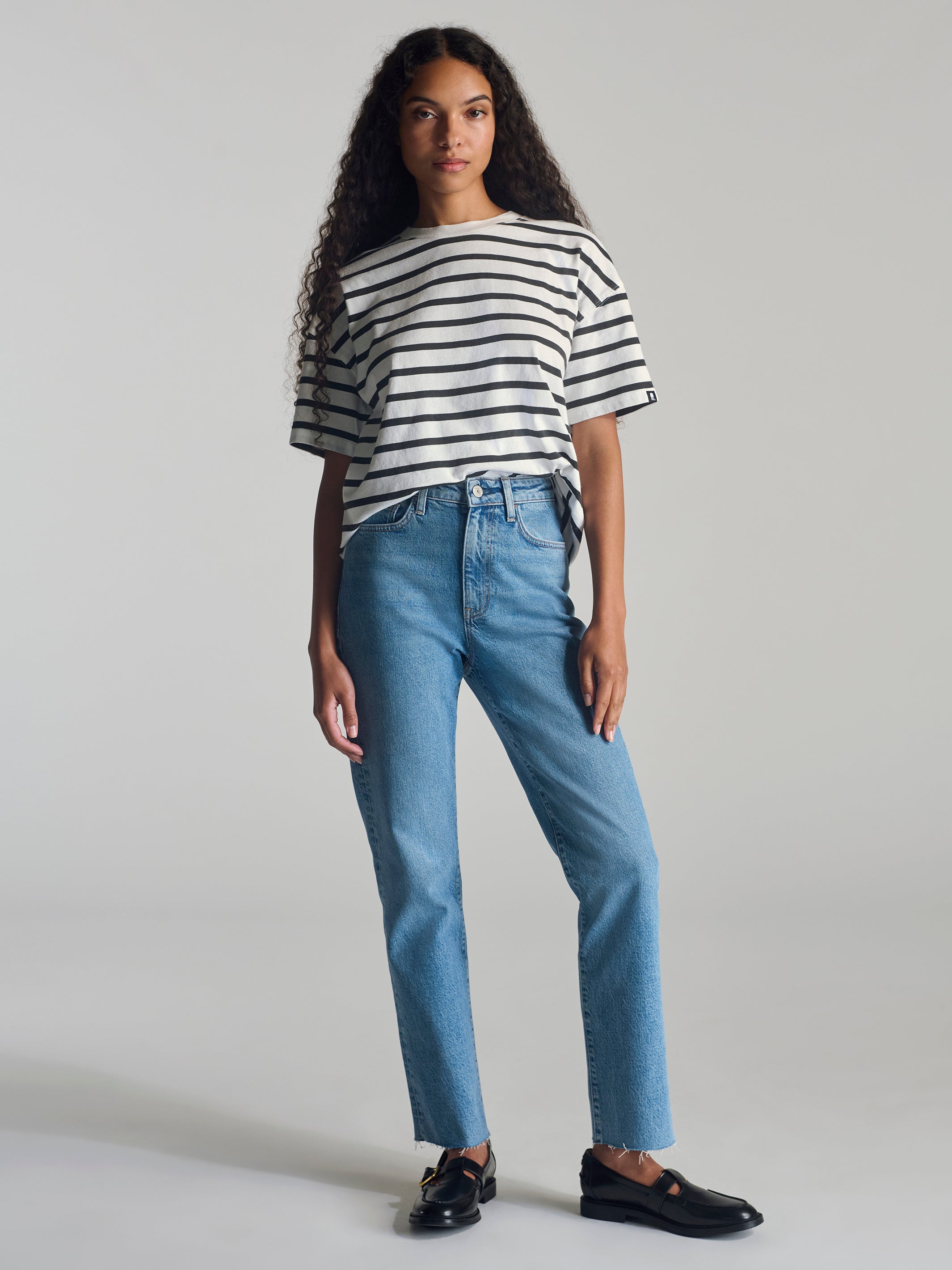 Women's Nassau Crew Neck Stripe T-Shirt In Black Striped - BROOKLYN INDUSTRIES