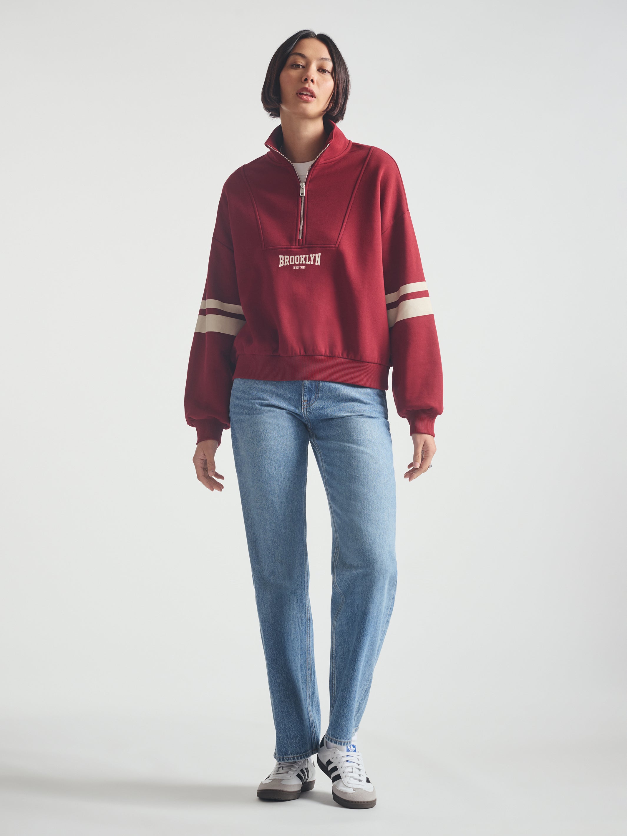 Women's Brooklyn Half Zip Varsity Sweatshirt in Biking Red - BROOKLYN INDUSTRIES