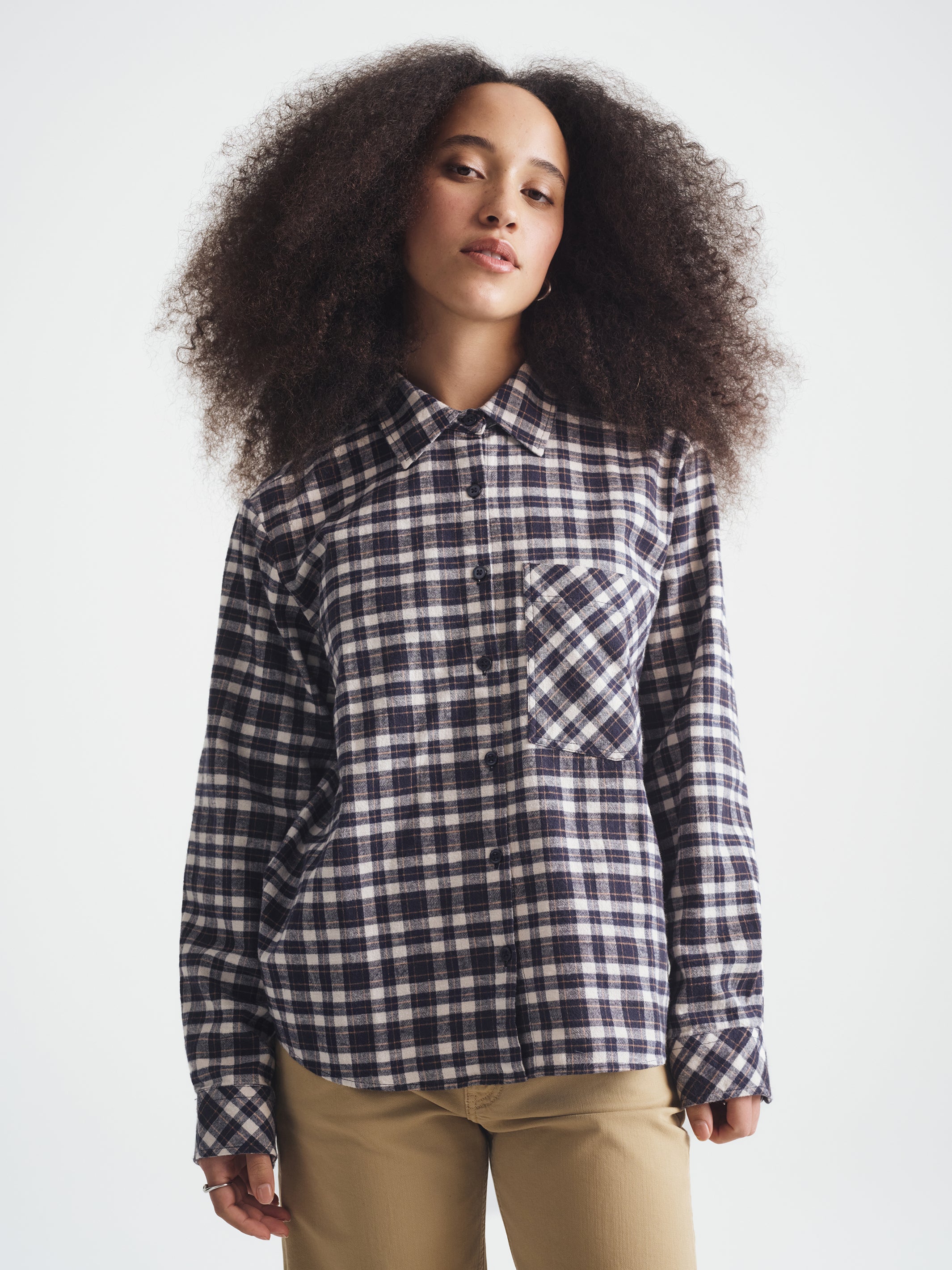 Women's Long Sleeve Plaid Shirt in Navy Check - BROOKLYN INDUSTRIES