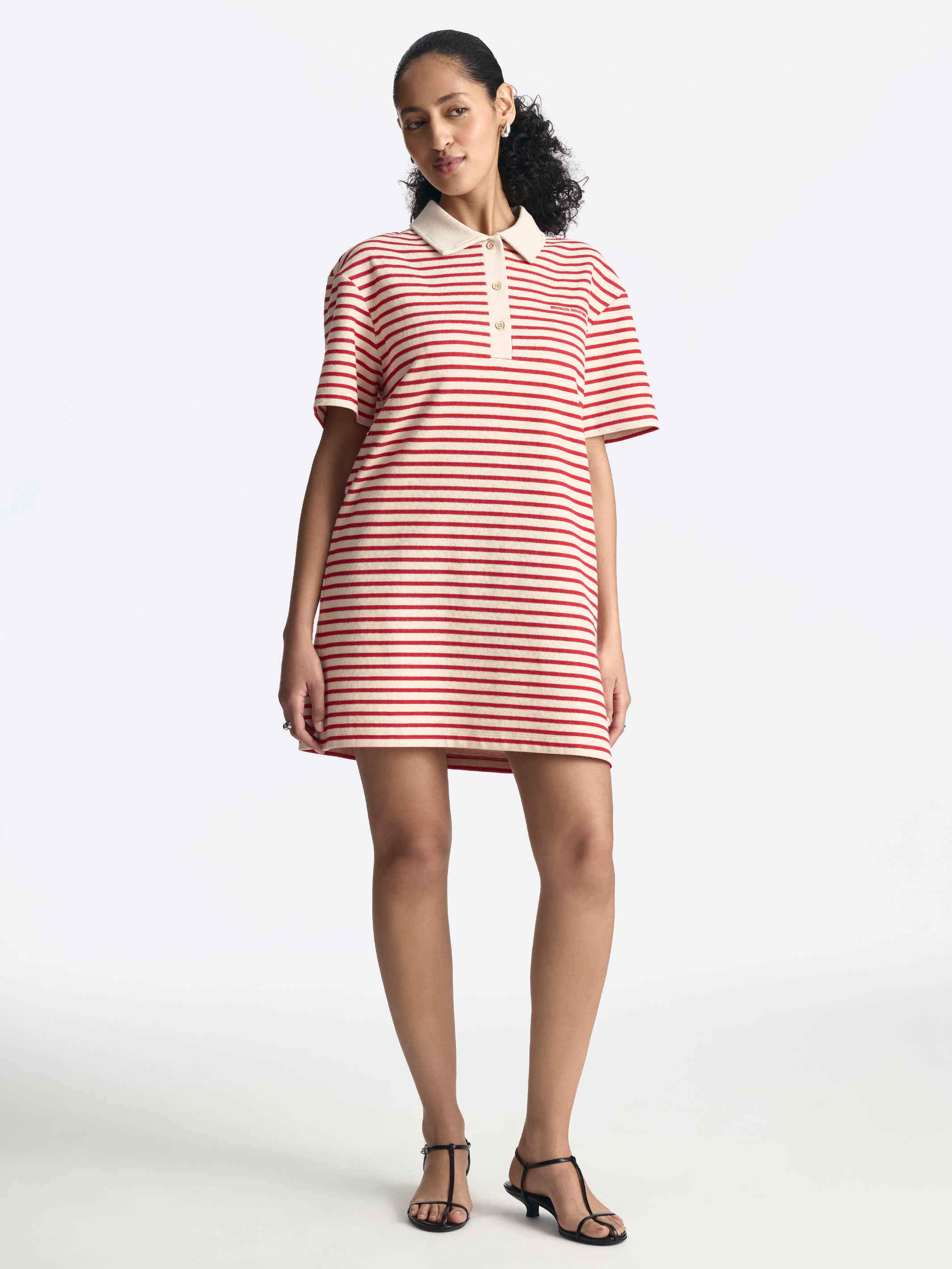 Women's Polo Striped Midi Dress in Goji Berry Stripe - BROOKLYN INDUSTRIES