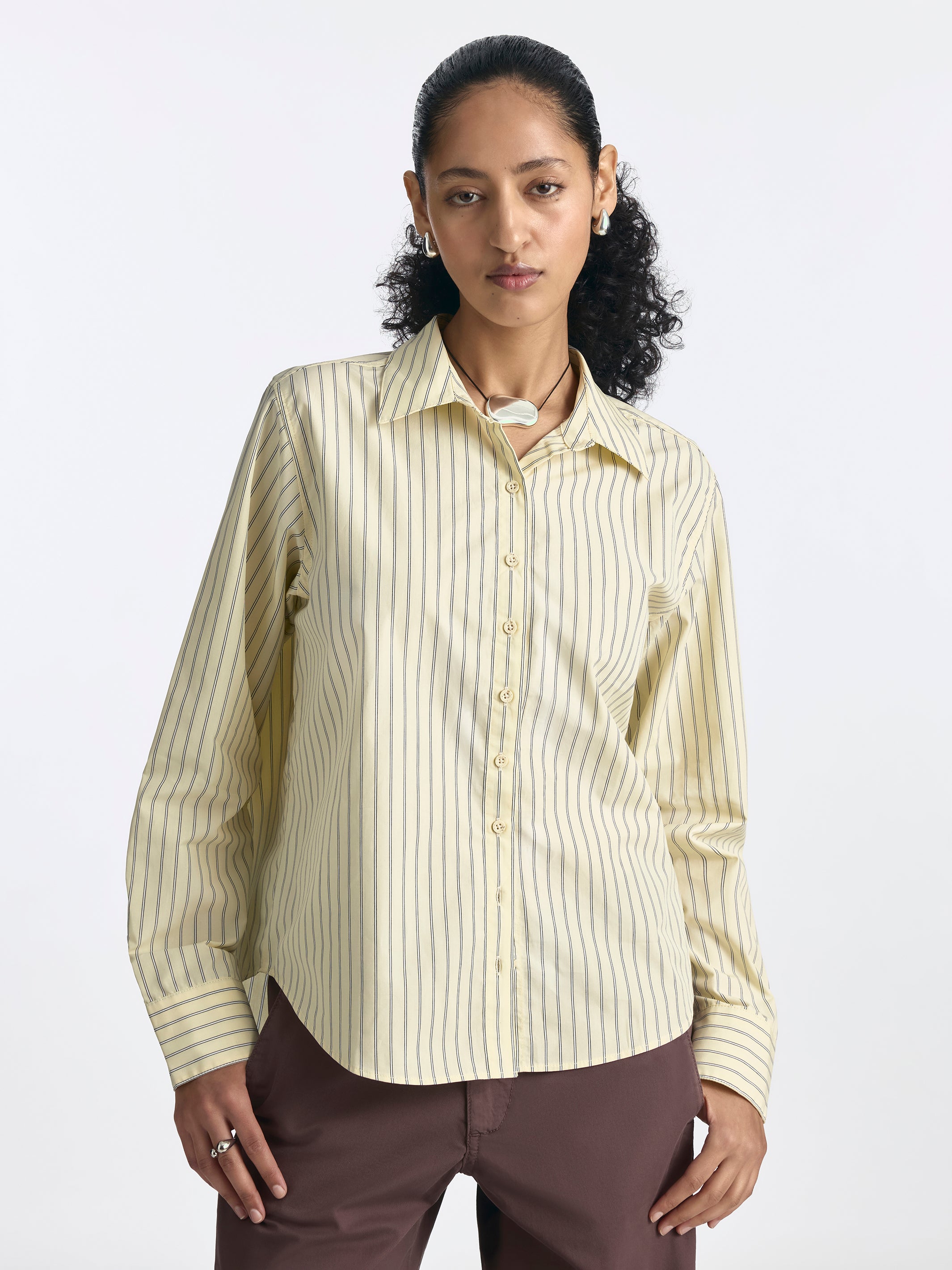 Women's Long Sleeve Striped Shirt in Pastel Yellow Stripe - BROOKLYN INDUSTRIES