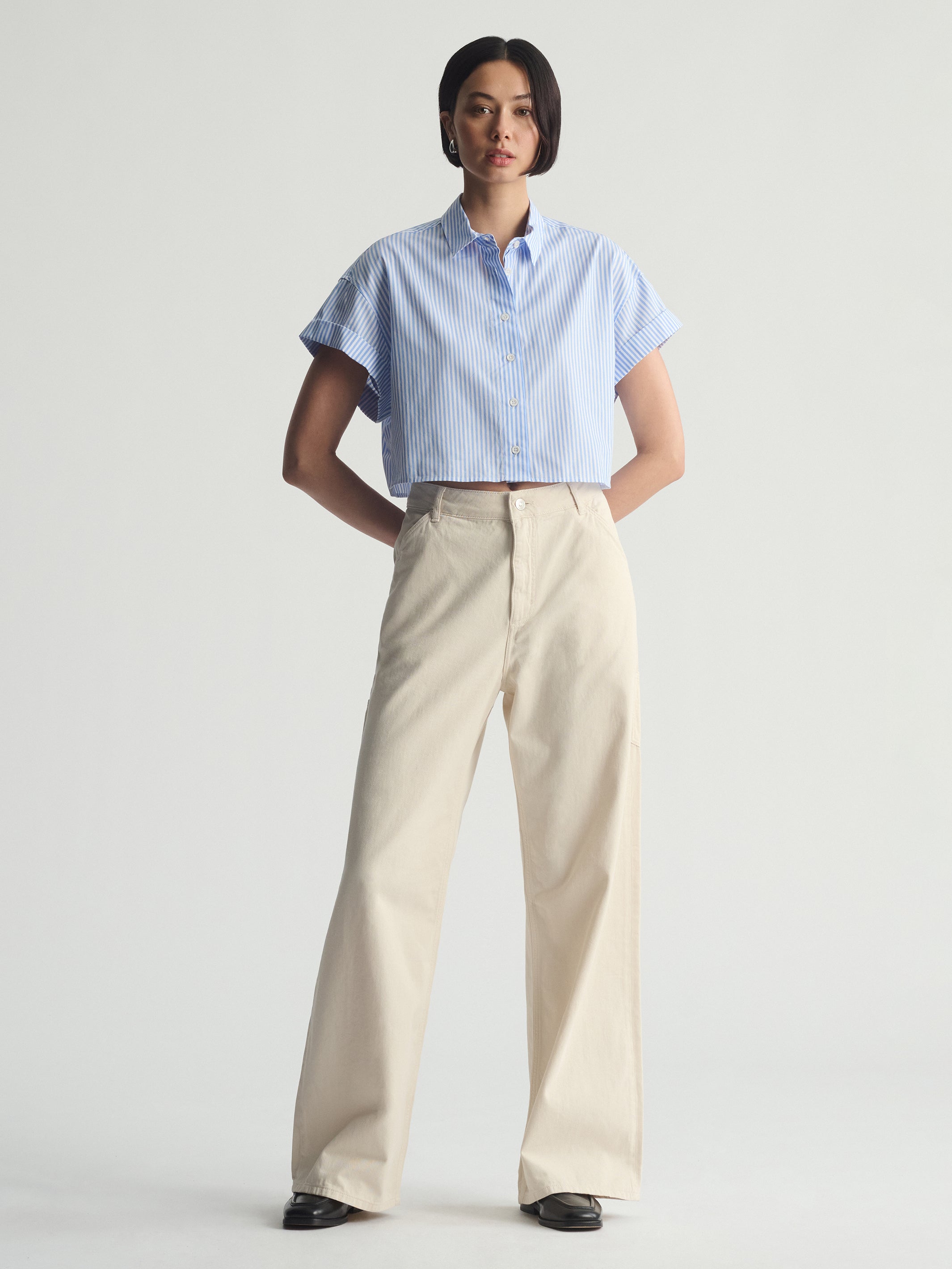 Women's Short Sleeve Shirt In Blue Striped - BROOKLYN INDUSTRIES