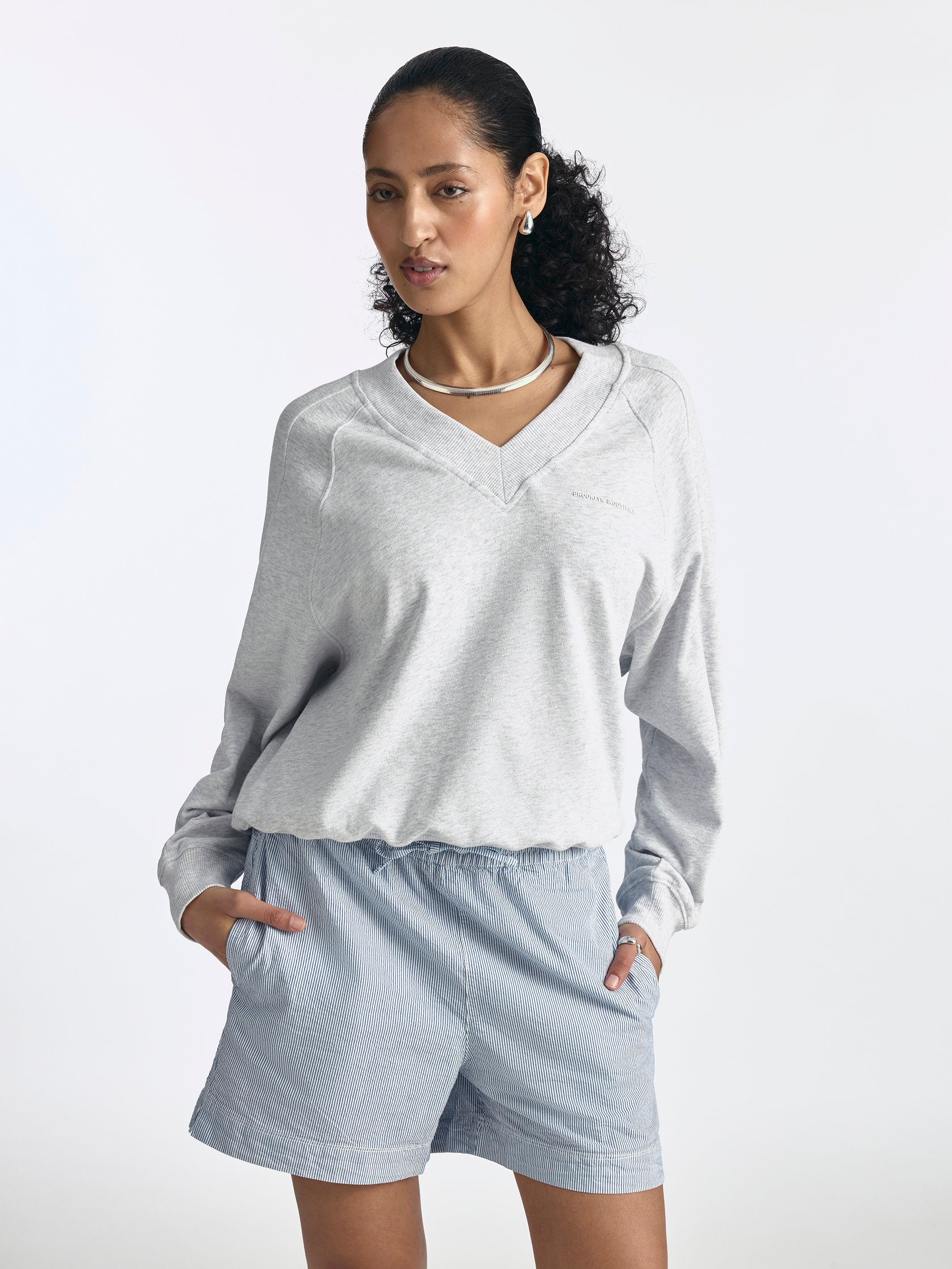 Women's Logo V-Neck Varsity Sweatshirt in Grey Melange - BROOKLYN INDUSTRIES