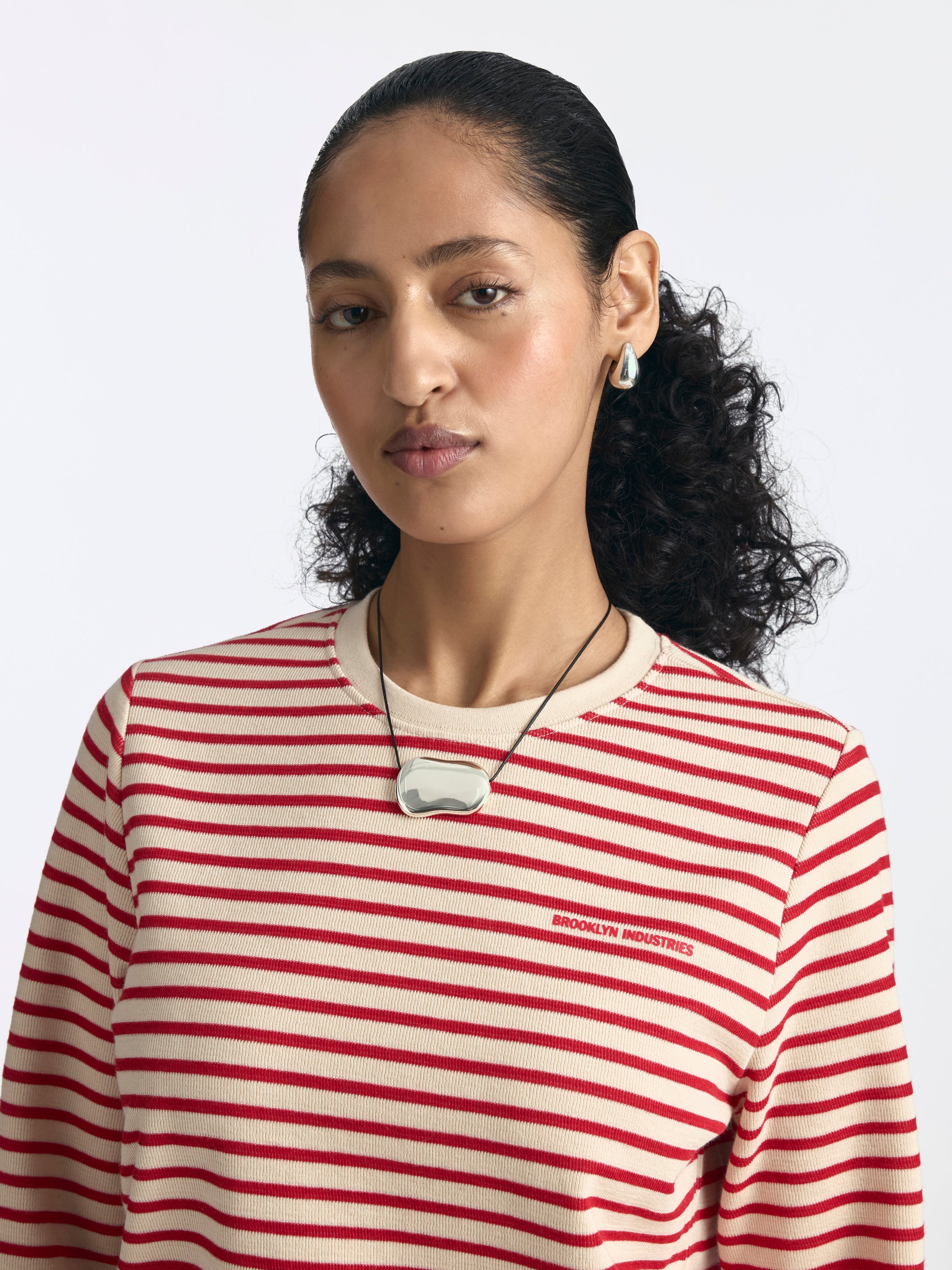 Women's Logo Long Sleeve Striped T-Shirt in Goji Berry Stripe - BROOKLYN INDUSTRIES