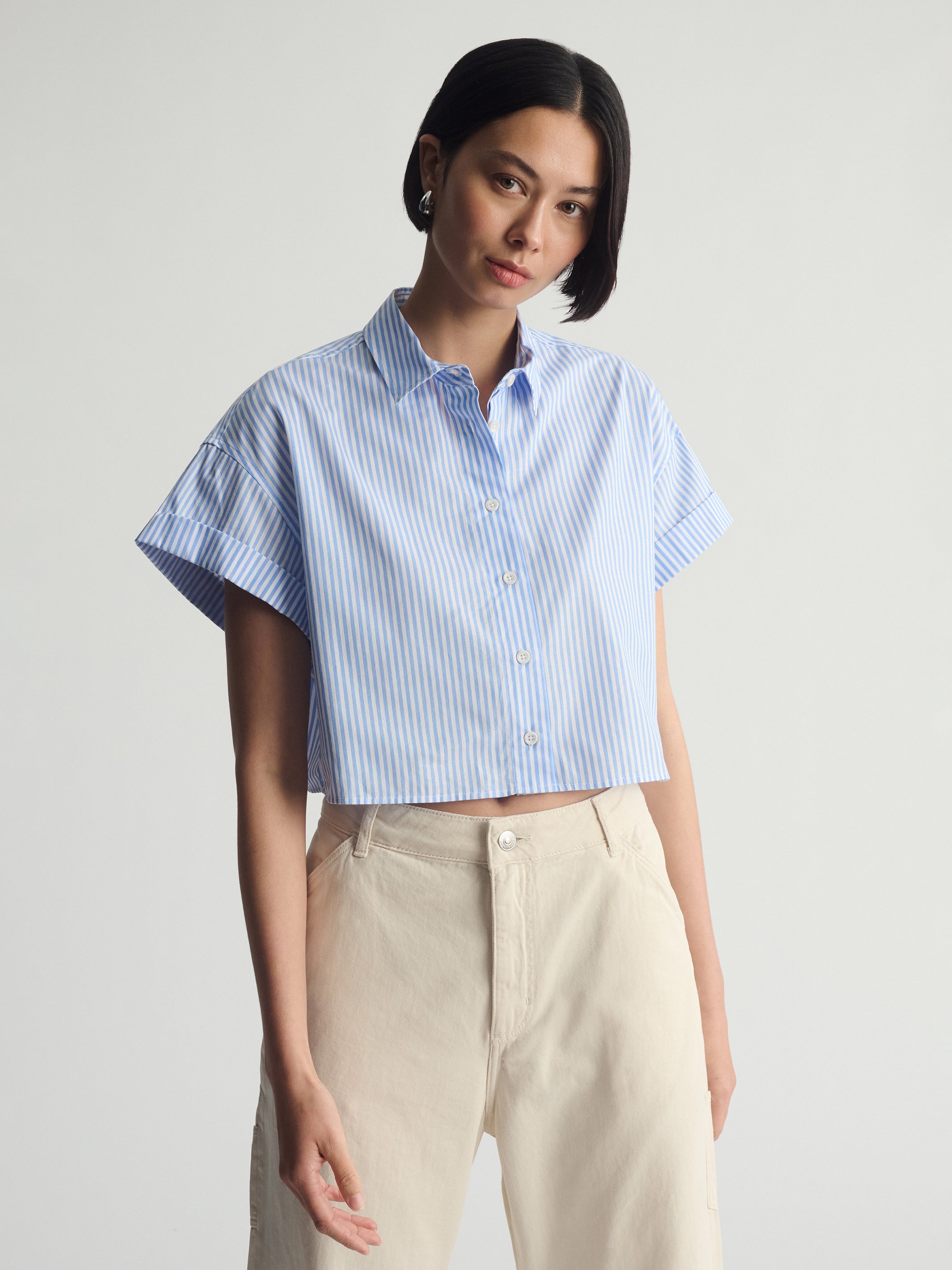 Women's Short Sleeve Shirt In Blue Striped - BROOKLYN INDUSTRIES