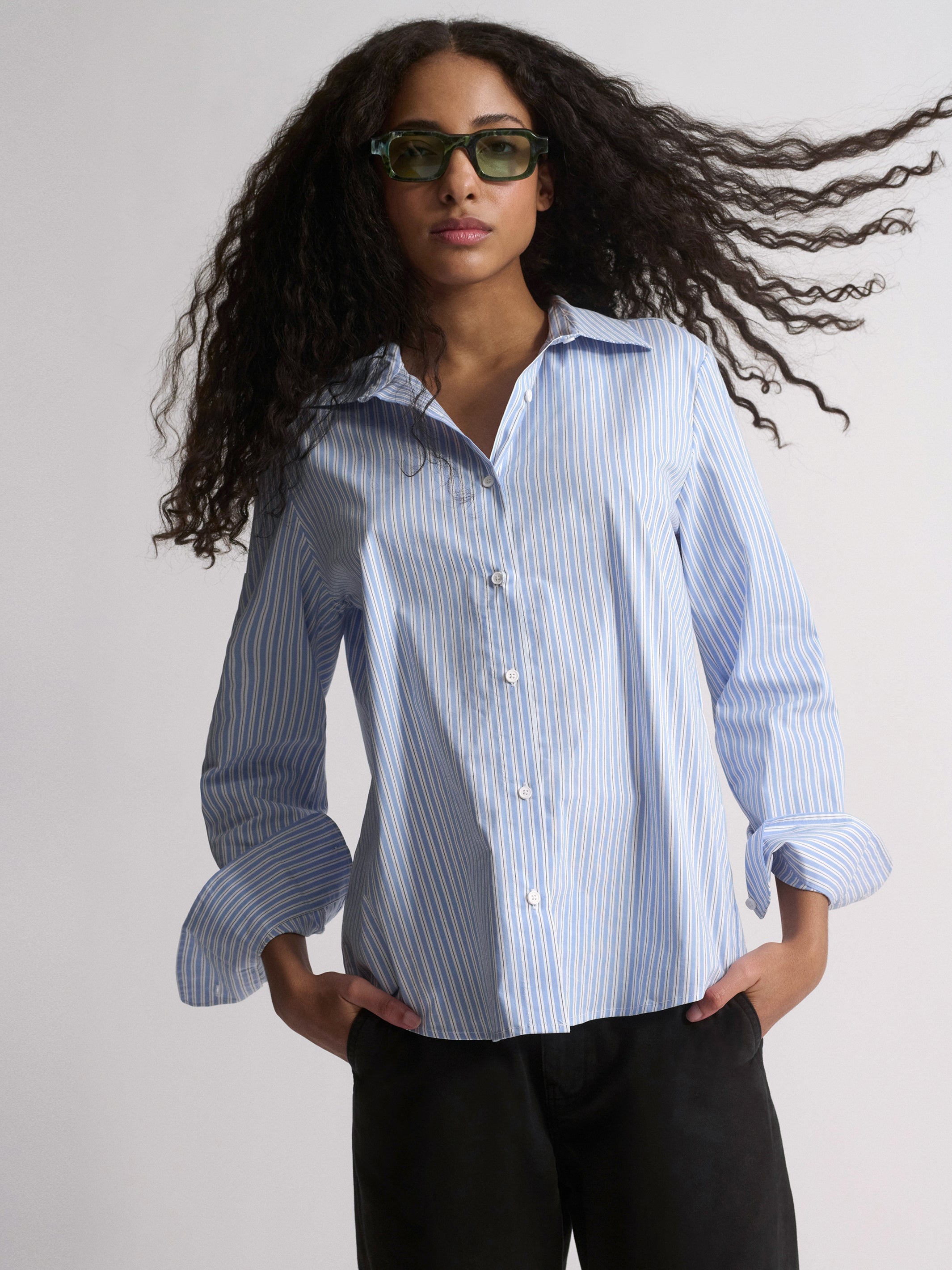 Women's Long Sleeve Shirt In Blue Striped - BROOKLYN INDUSTRIES