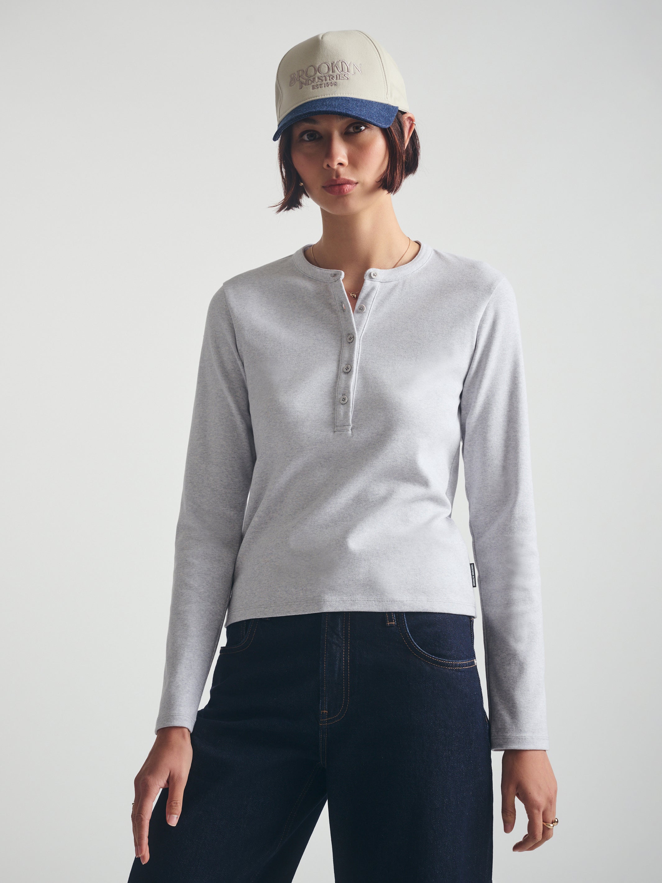 Women's Cropped Henley T-Shirt in Light Grey Melange - BROOKLYN INDUSTRIES