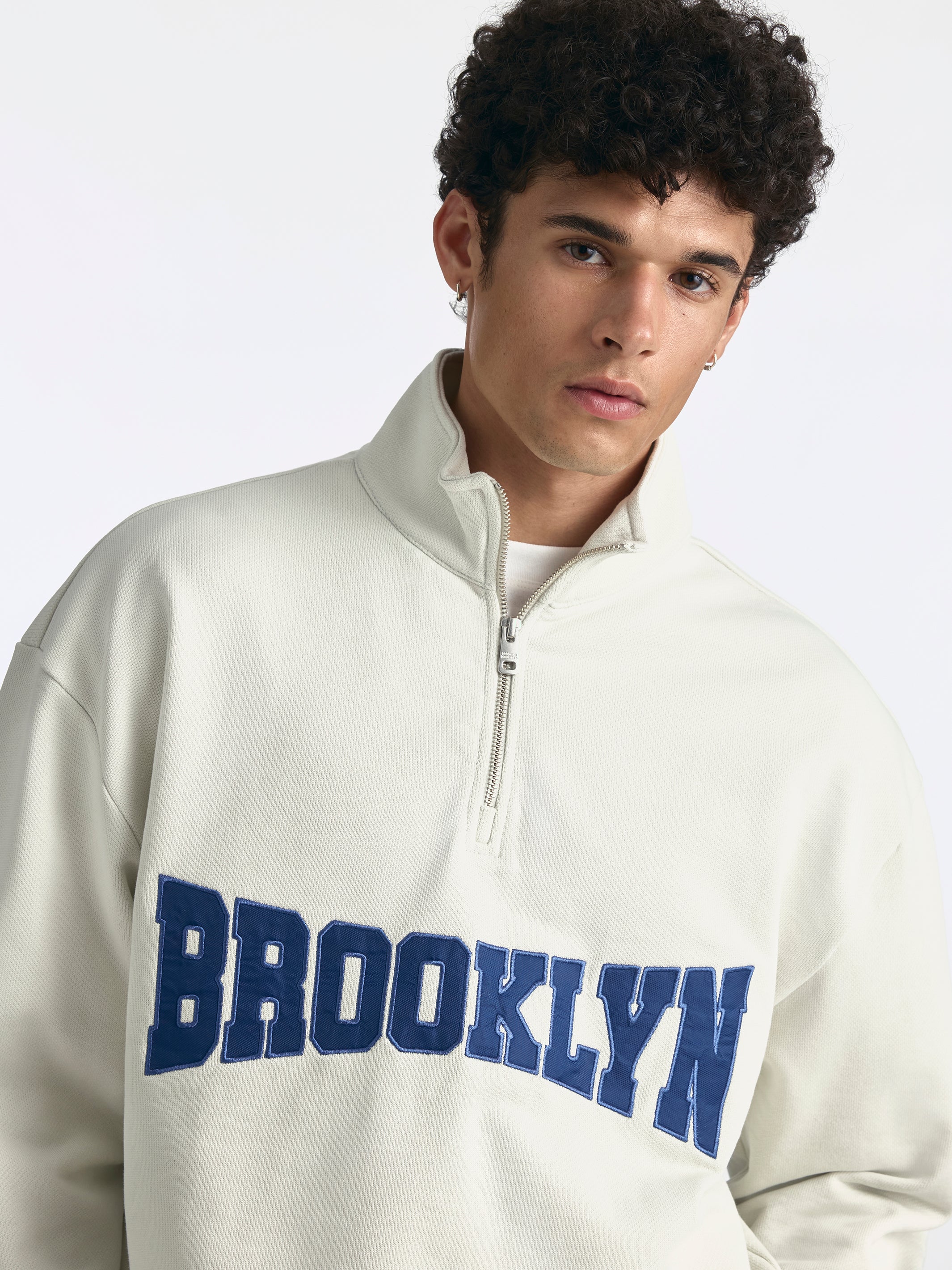 Men's Brooklyn Half Zip Sweatshirt in White Onyx - BROOKLYN INDUSTRIES