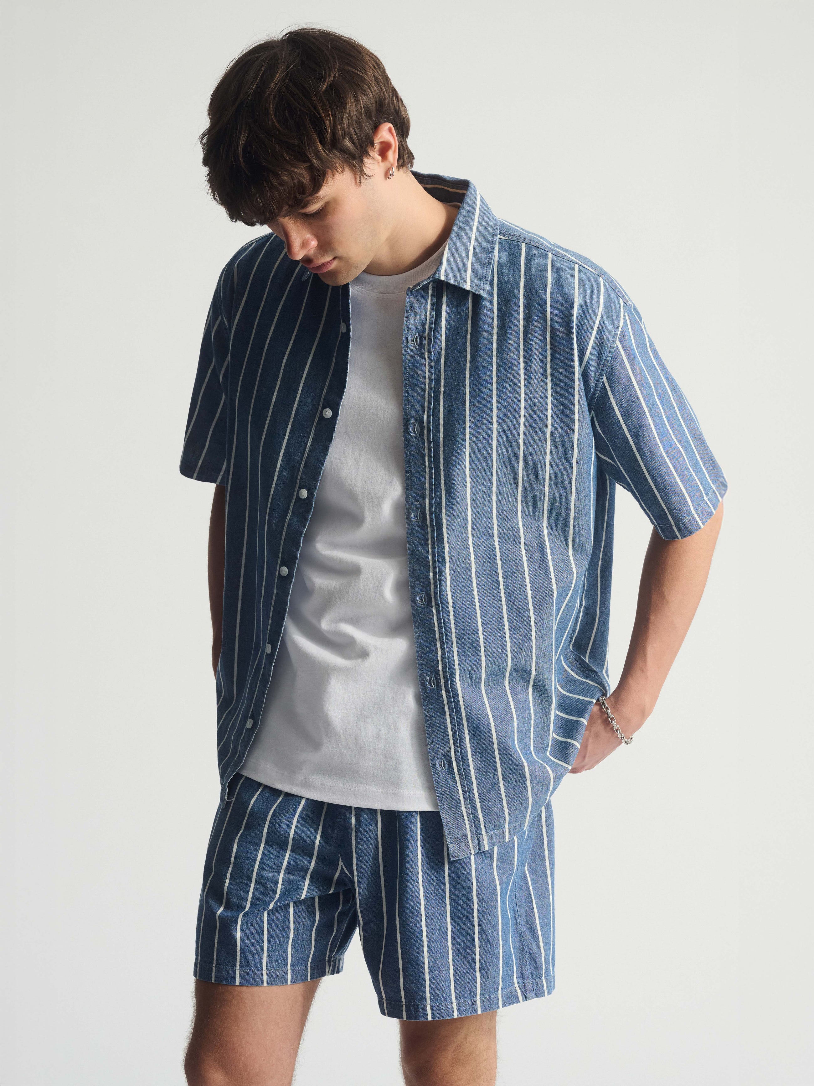 Men's Striped Short Sleeve Shirt In Blue Striped - BROOKLYN INDUSTRIES