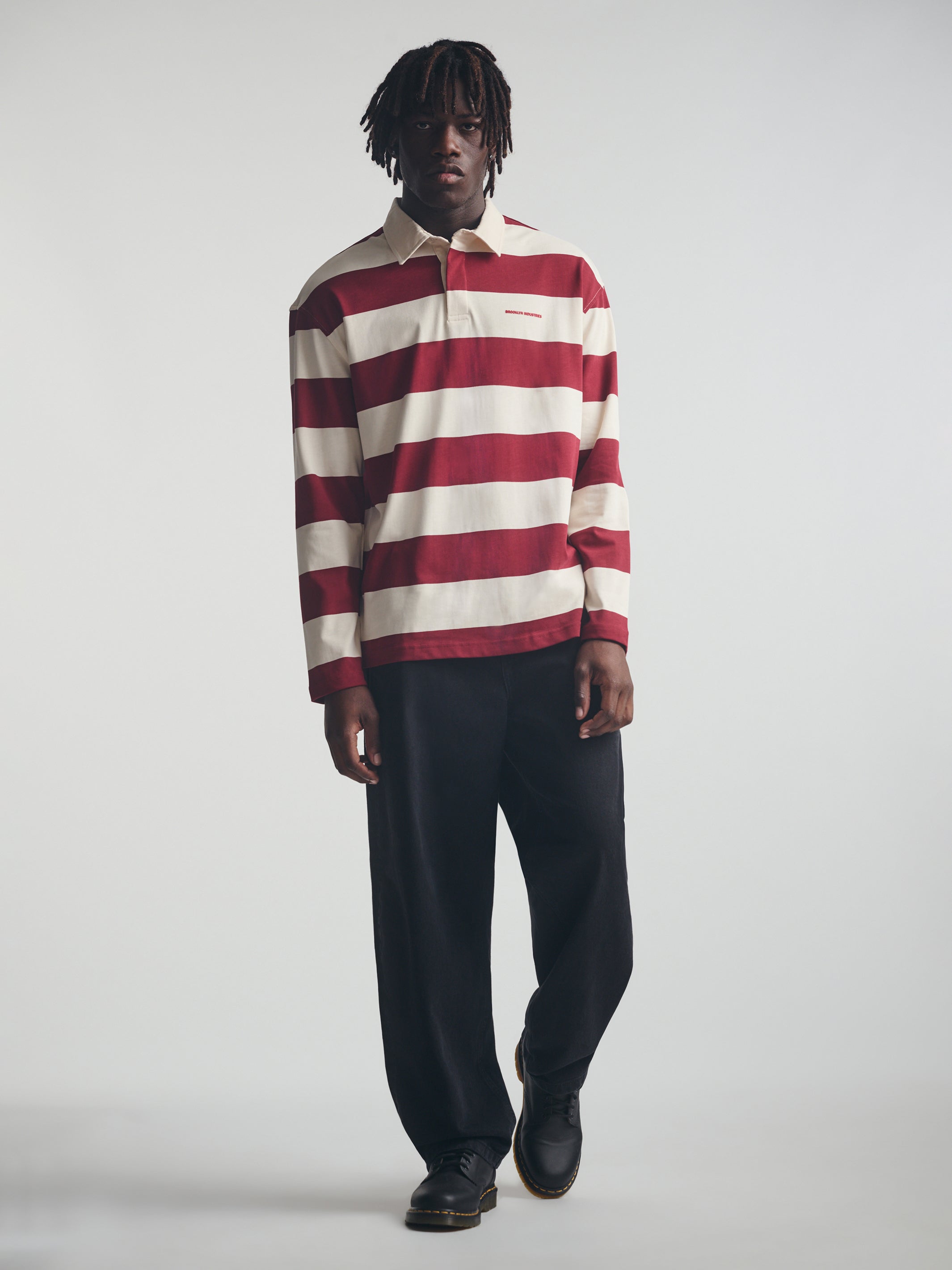 Men's Brooklyn Long Sleeve Striped Rugby T-Shirt in Biking Red Striped - BROOKLYN INDUSTRIES