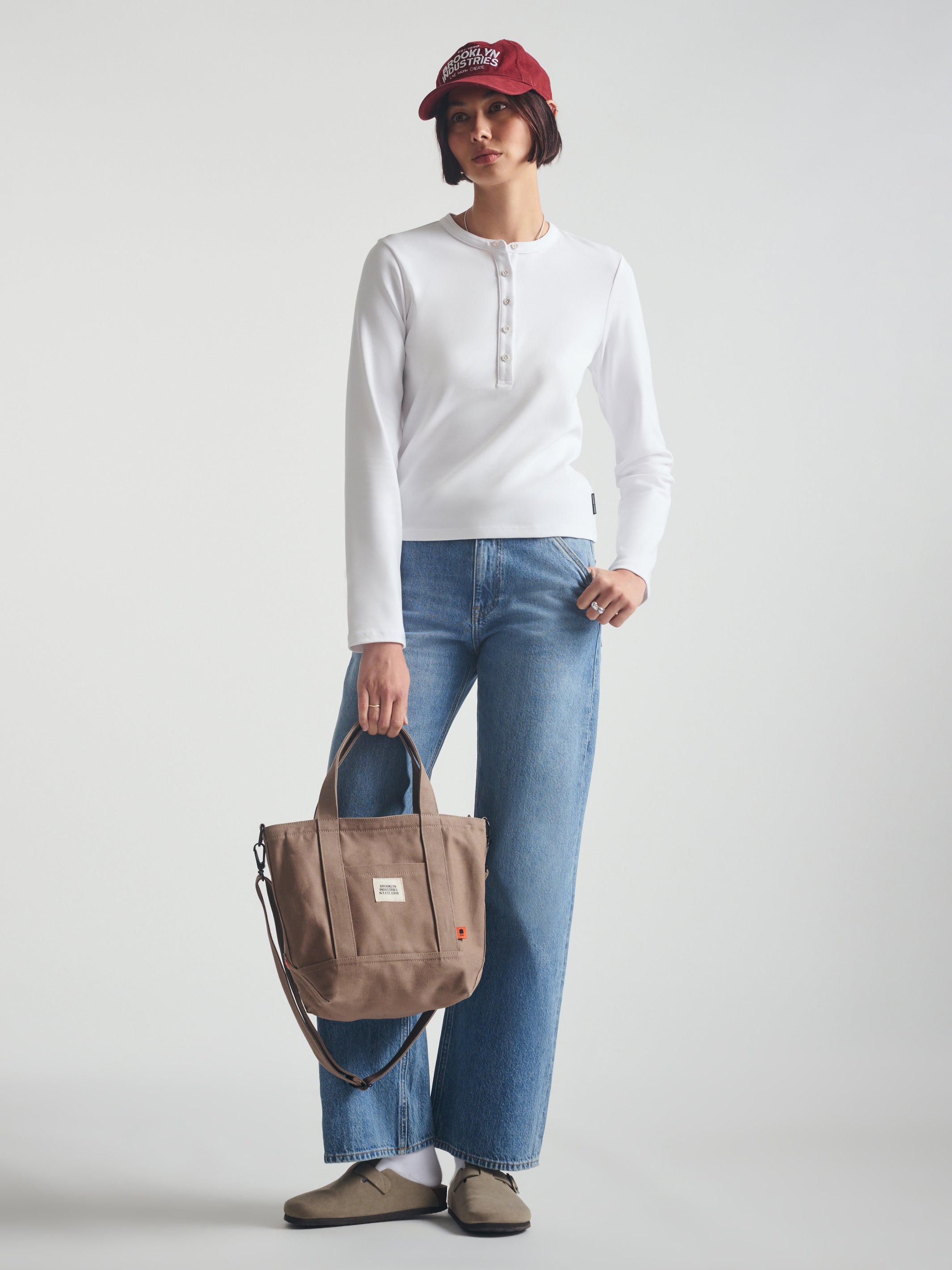 Women's Cropped Henley T-Shirt in White - BROOKLYN INDUSTRIES