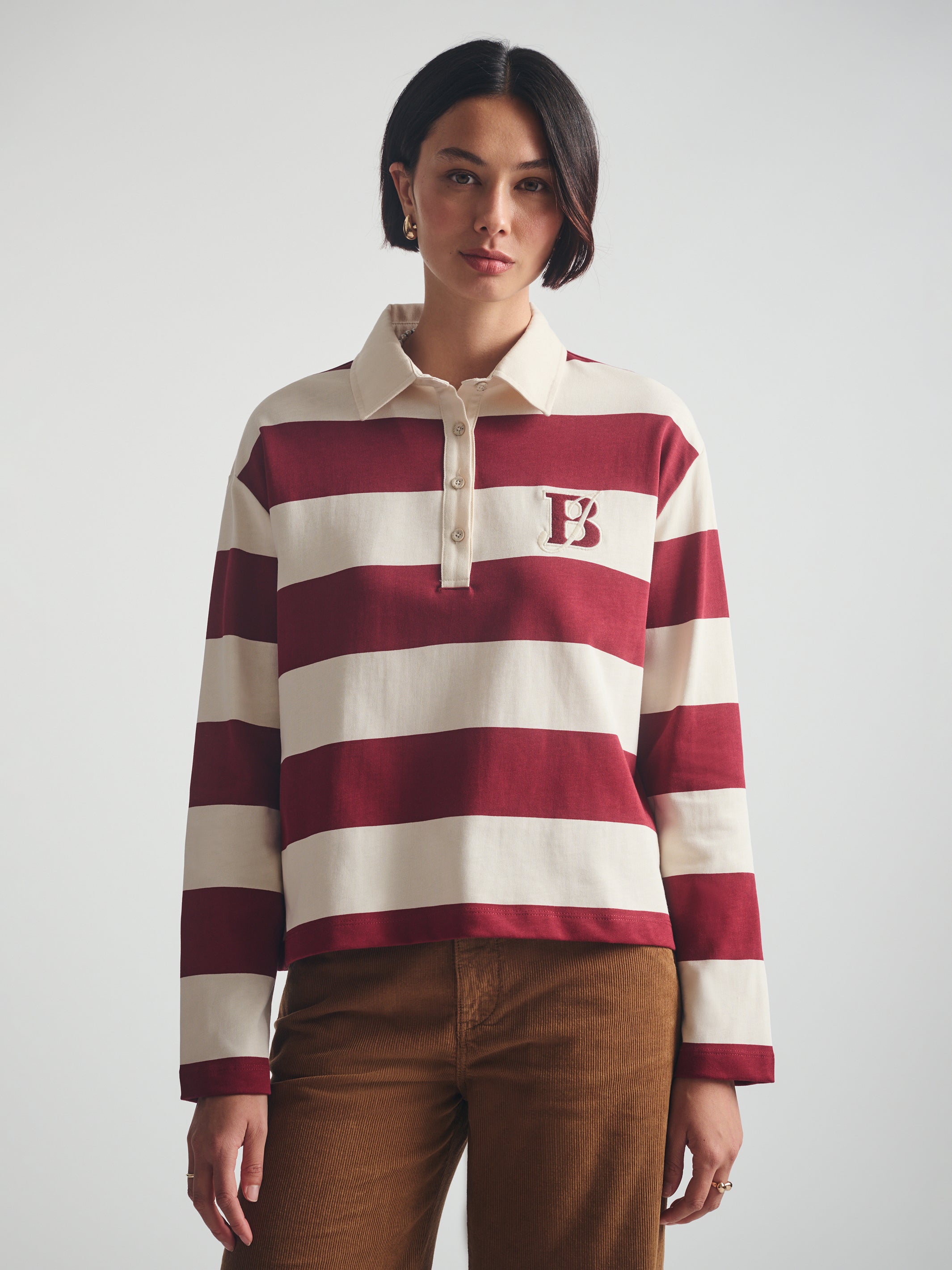 Women's Brooklyn Long Sleeve Striped Rugby T-Shirt in Biking Red Striped - BROOKLYN INDUSTRIES