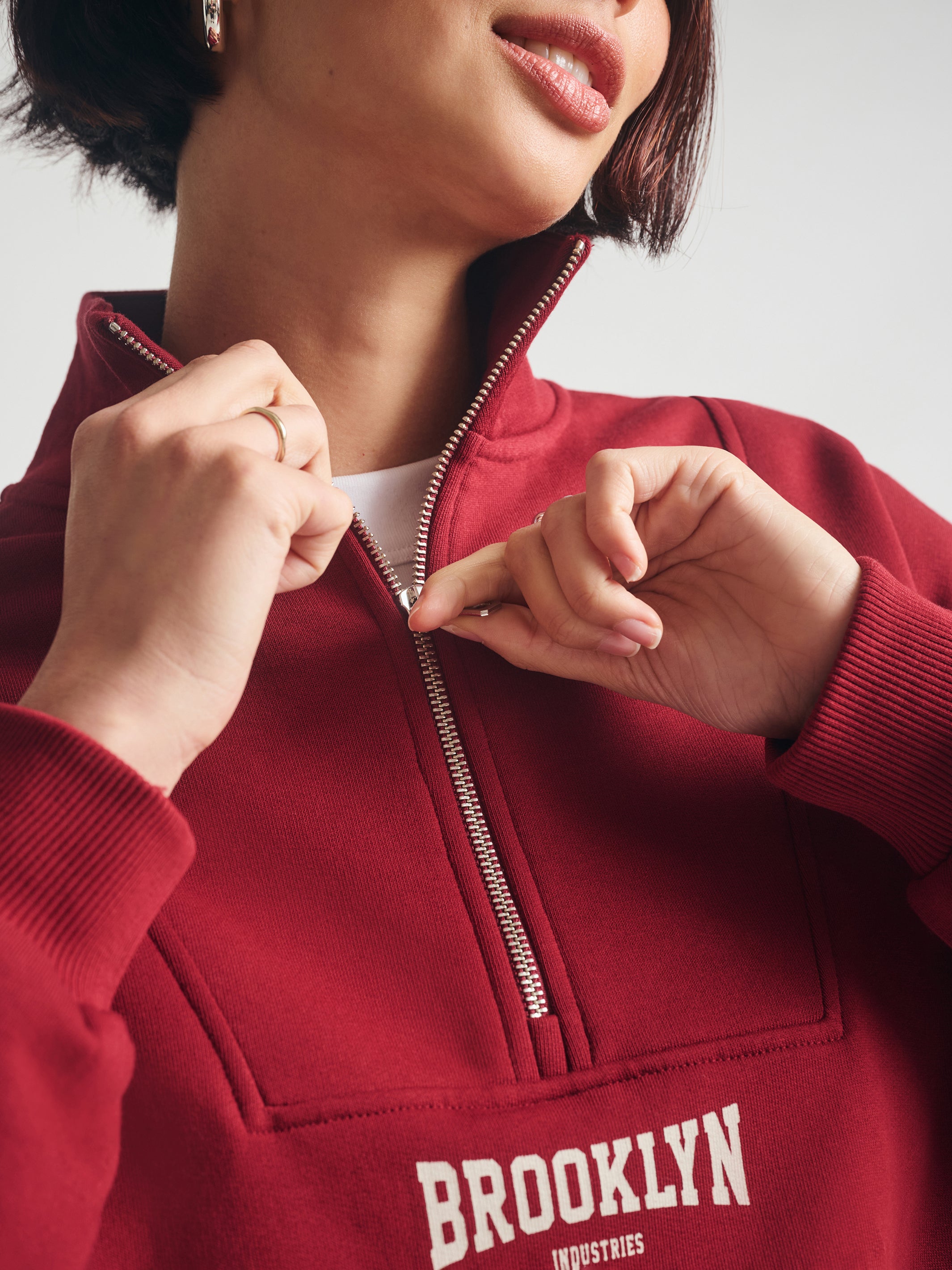 Women's Brooklyn Half Zip Varsity Sweatshirt in Biking Red - BROOKLYN INDUSTRIES