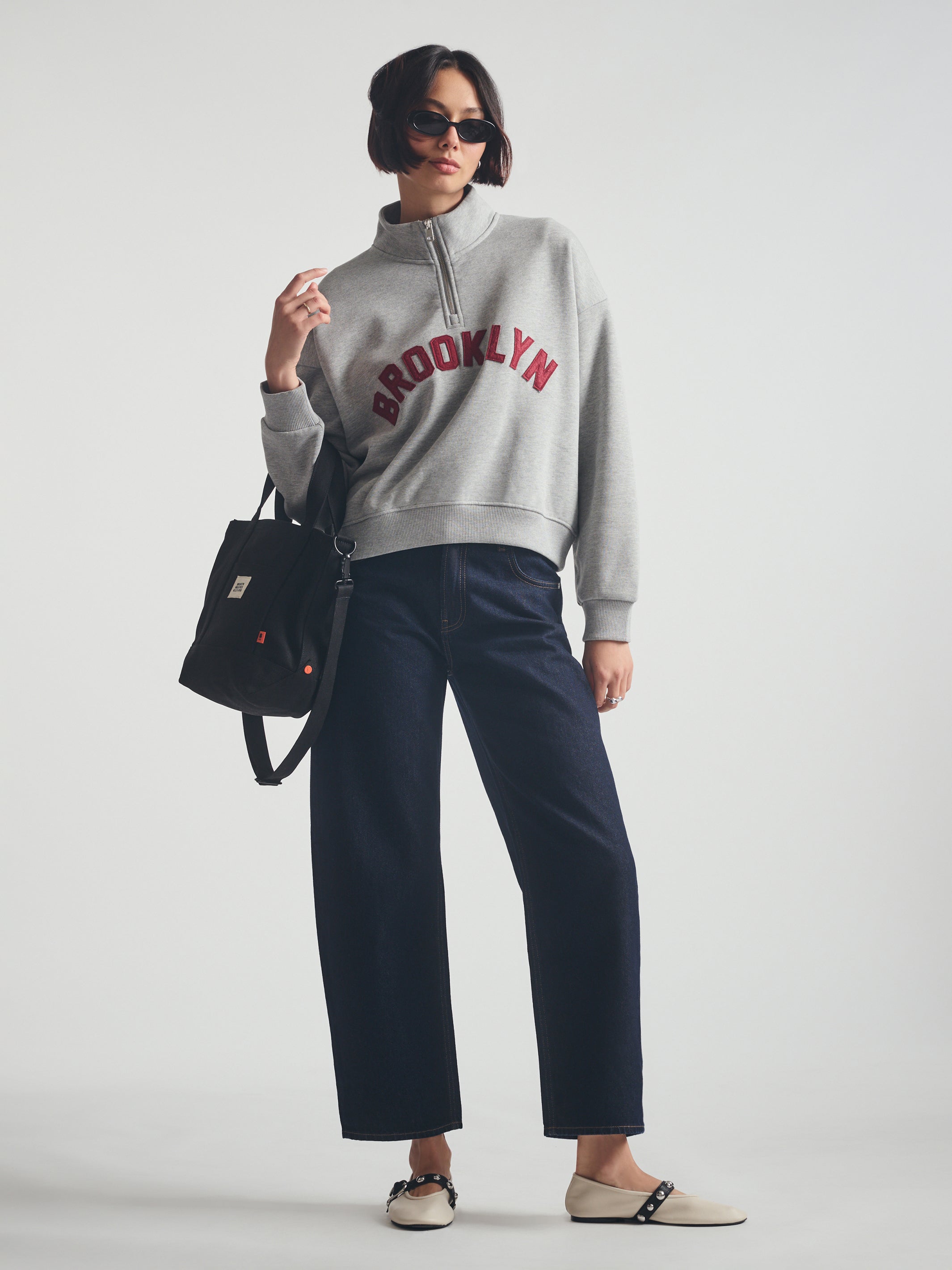 Women's Brooklyn Half Zip Sweatshirt in Mid Grey Melange - BROOKLYN INDUSTRIES