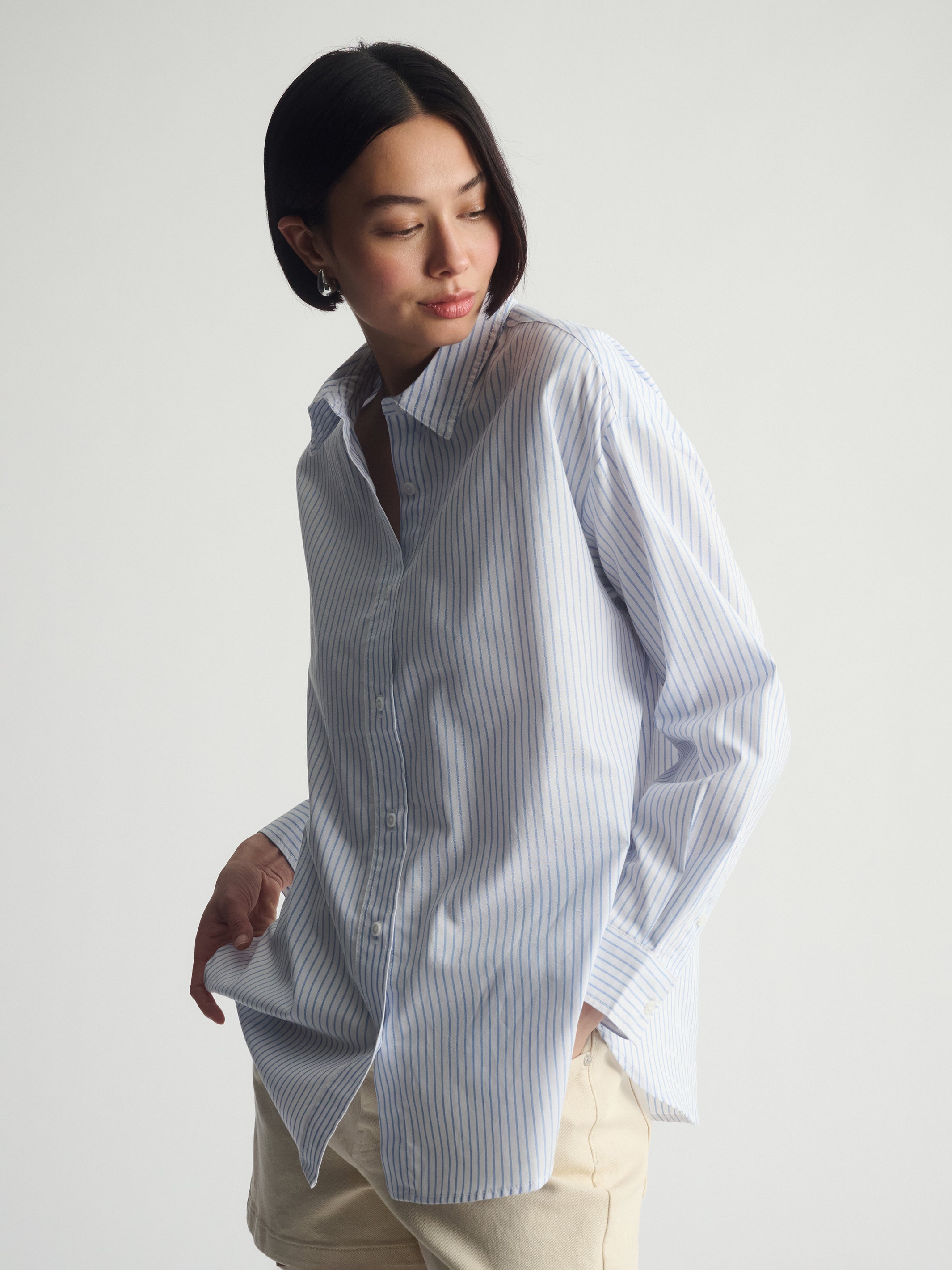 Women's Long Sleeve Shirt In Blue Striped - BROOKLYN INDUSTRIES