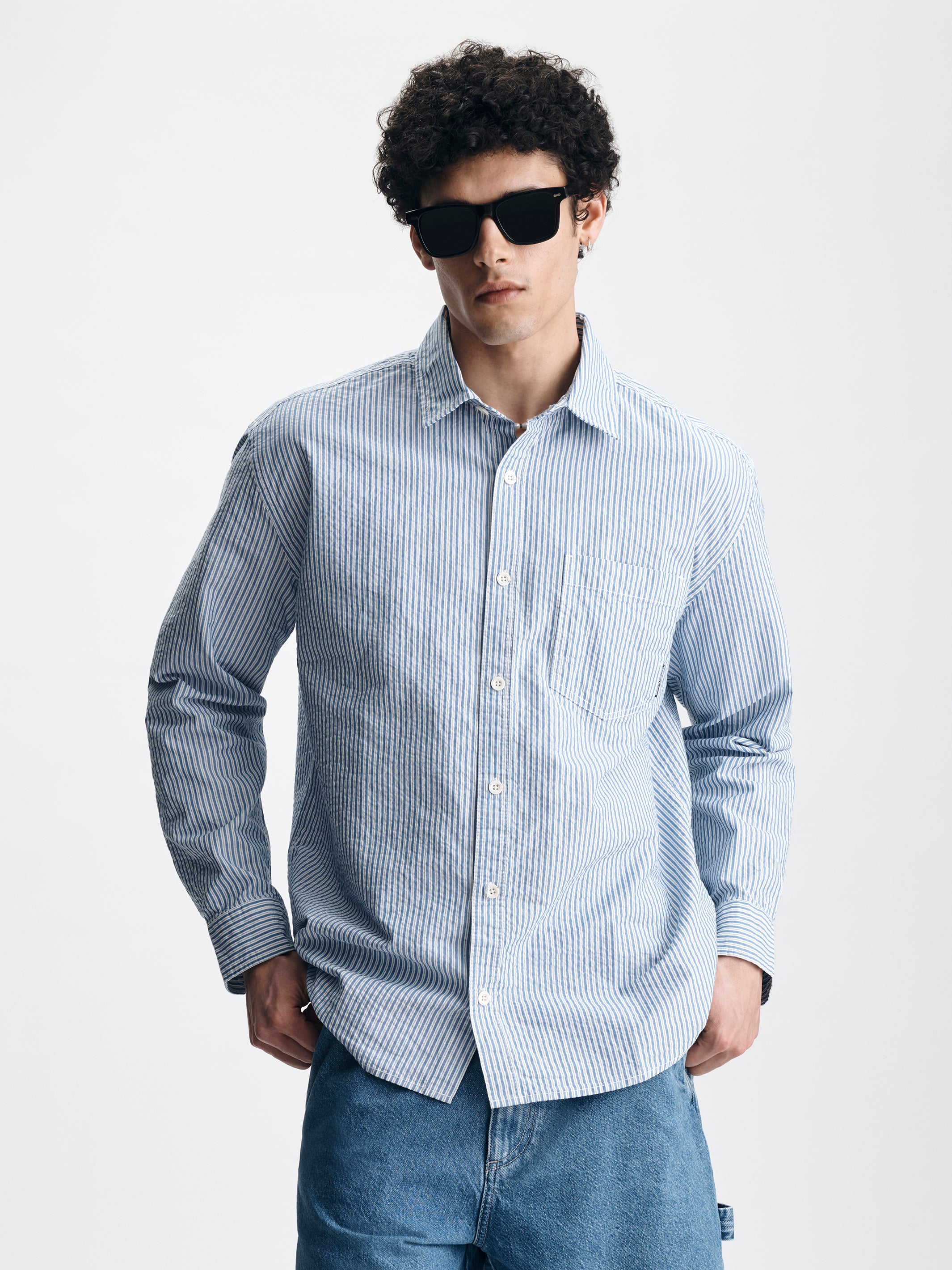 Men's Long Sleeve Striped Shirt in Blue Striped - BROOKLYN INDUSTRIES