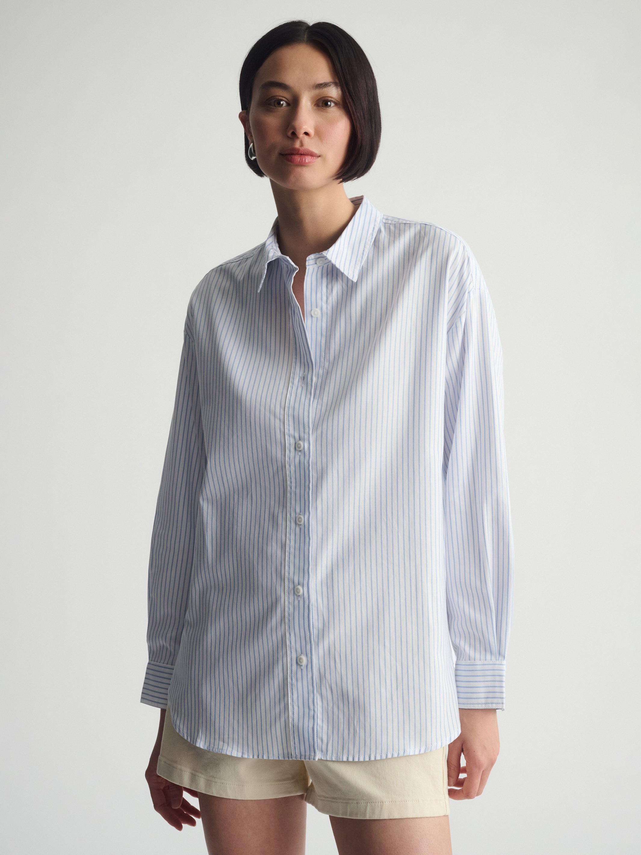 Women's Long Sleeve Shirt In Blue Striped - BROOKLYN INDUSTRIES