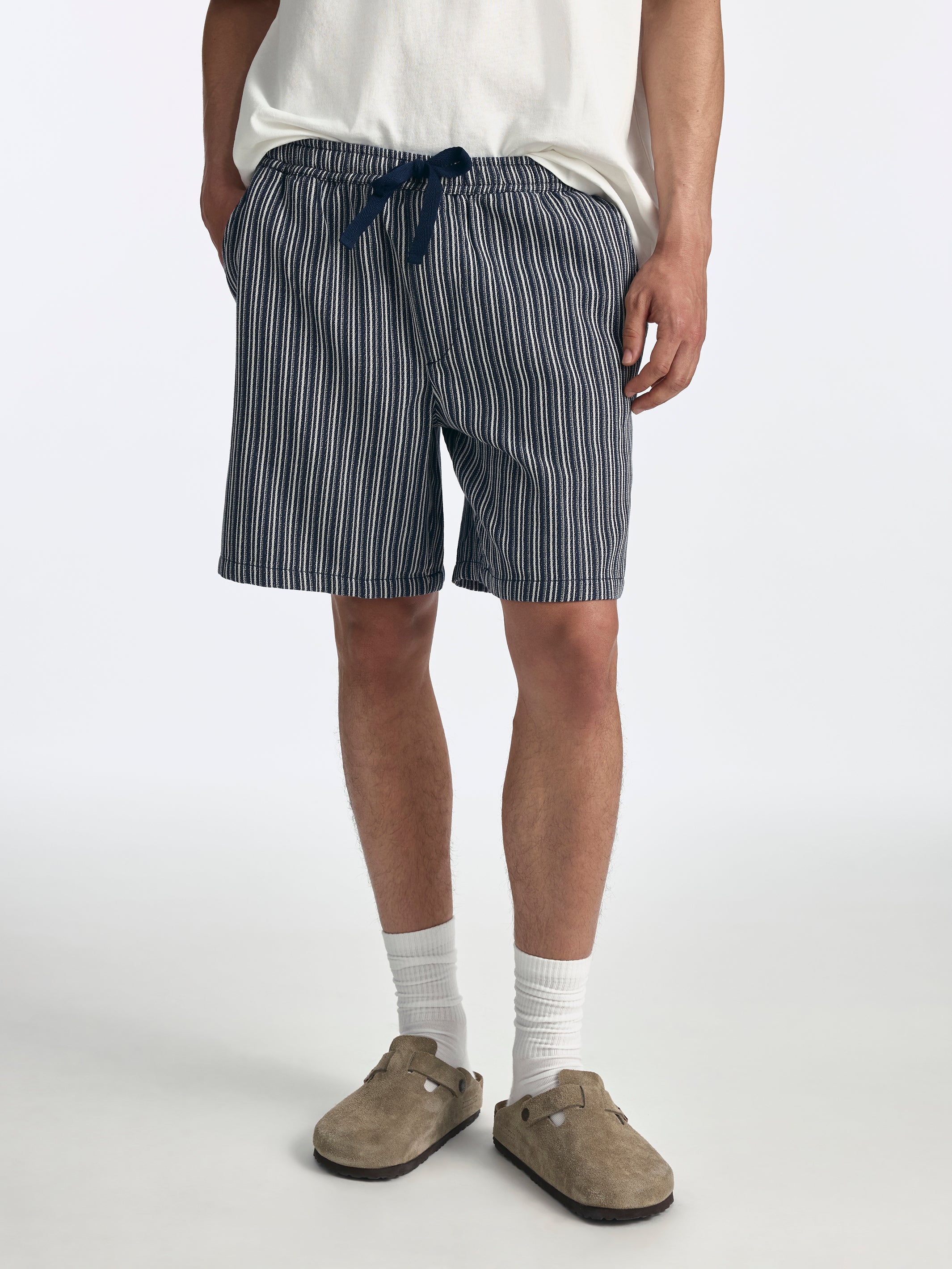 Men's Drawstring Striped Shorts in Indigo - BROOKLYN INDUSTRIES