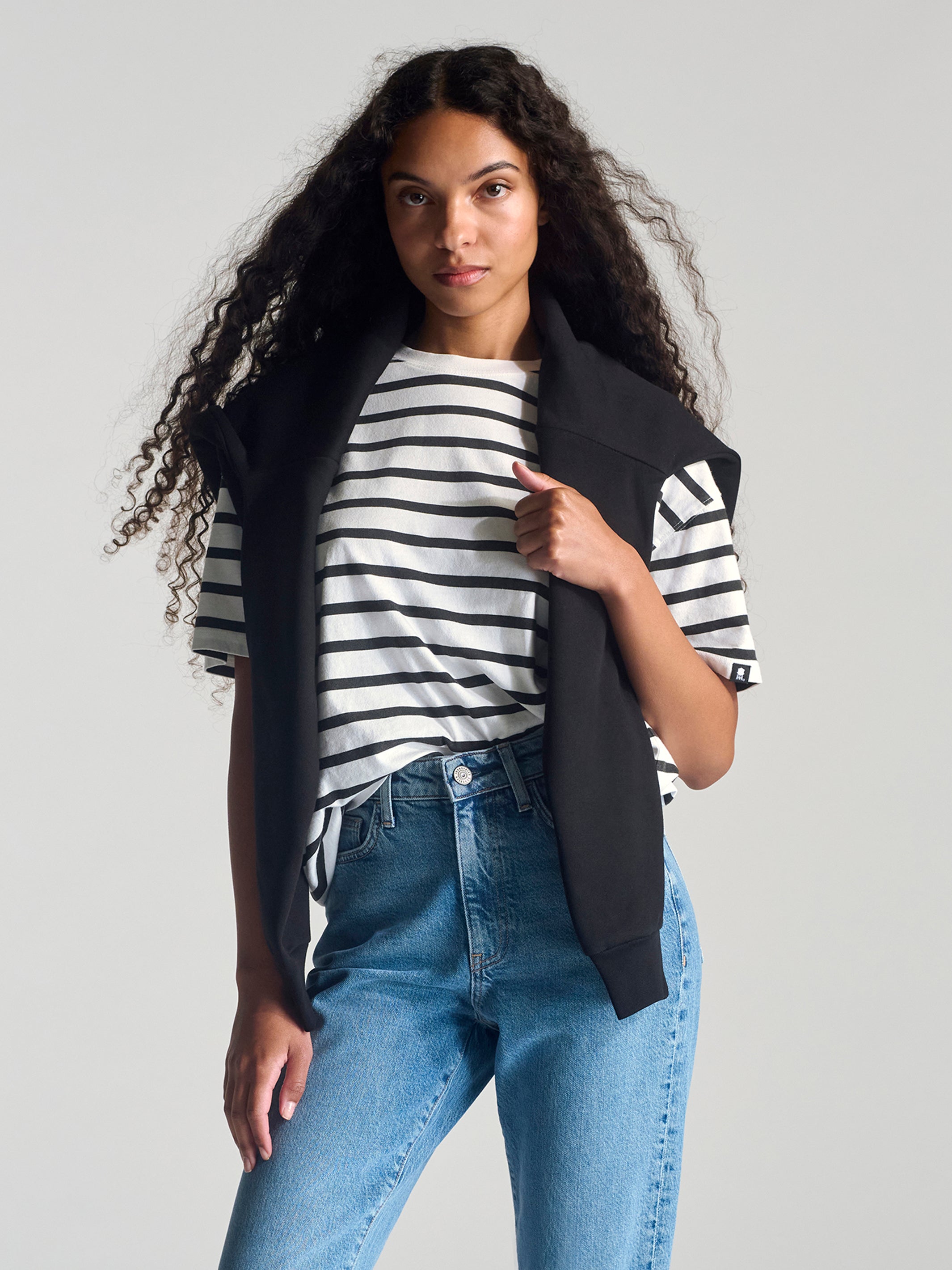 Women's Nassau Crew Neck Stripe T-Shirt In Black Striped - BROOKLYN INDUSTRIES