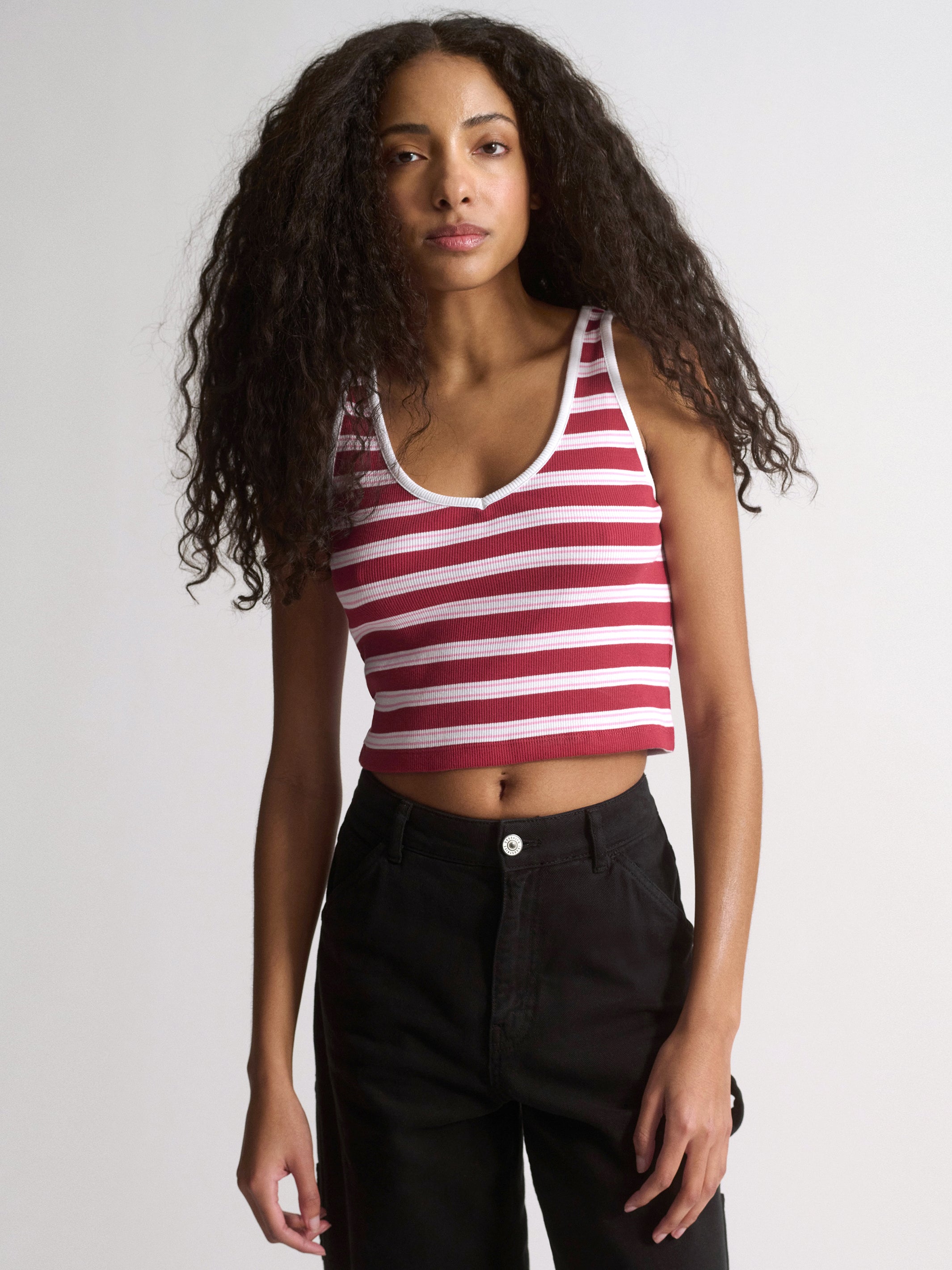 Women's Brooklyn Striped Ribbed Crop Tank In Garnet Stripe - BROOKLYN INDUSTRIES