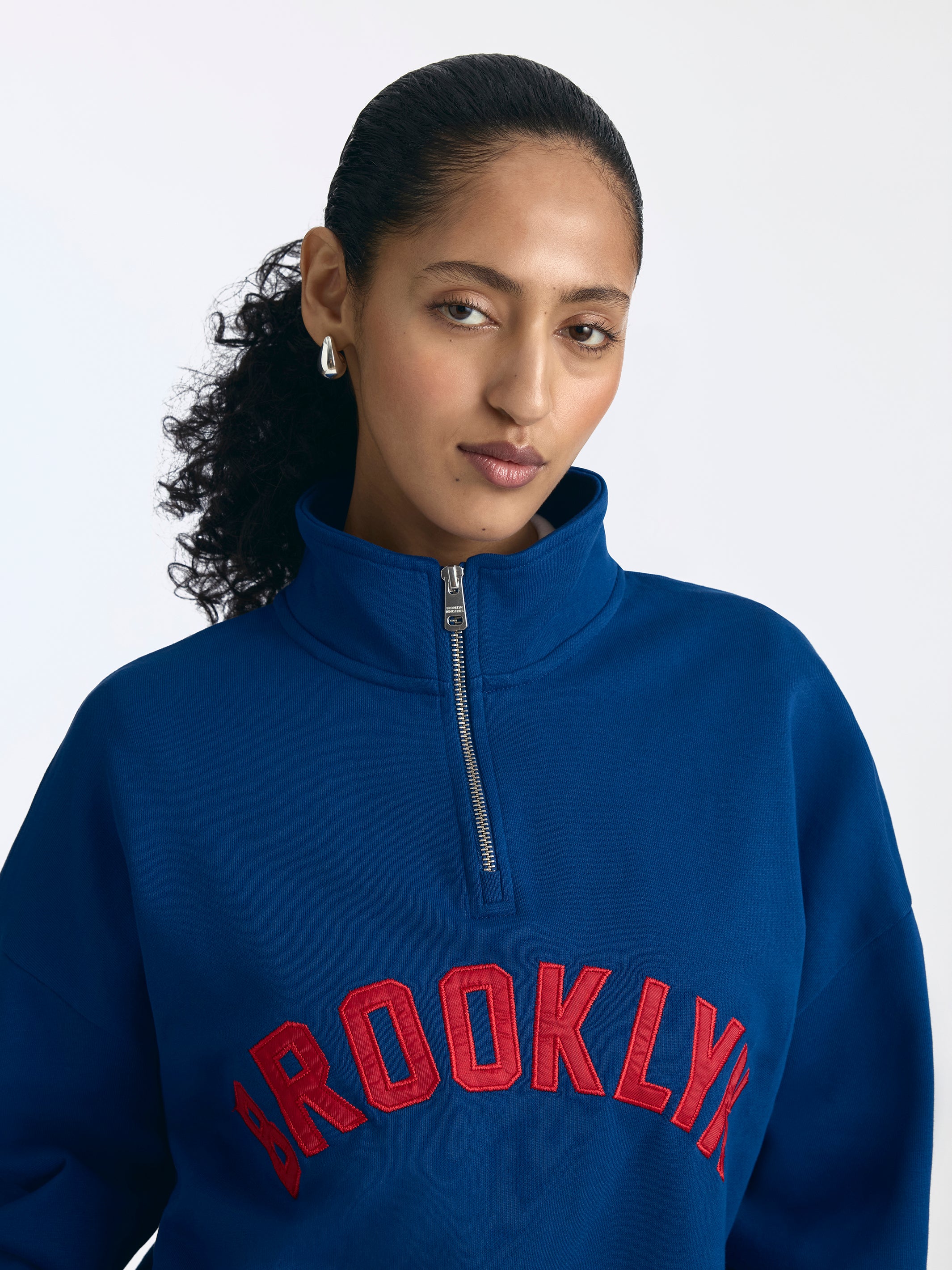 Women's Oversized Brooklyn Half Zip Sweatshirt in Navy Peony - BROOKLYN INDUSTRIES