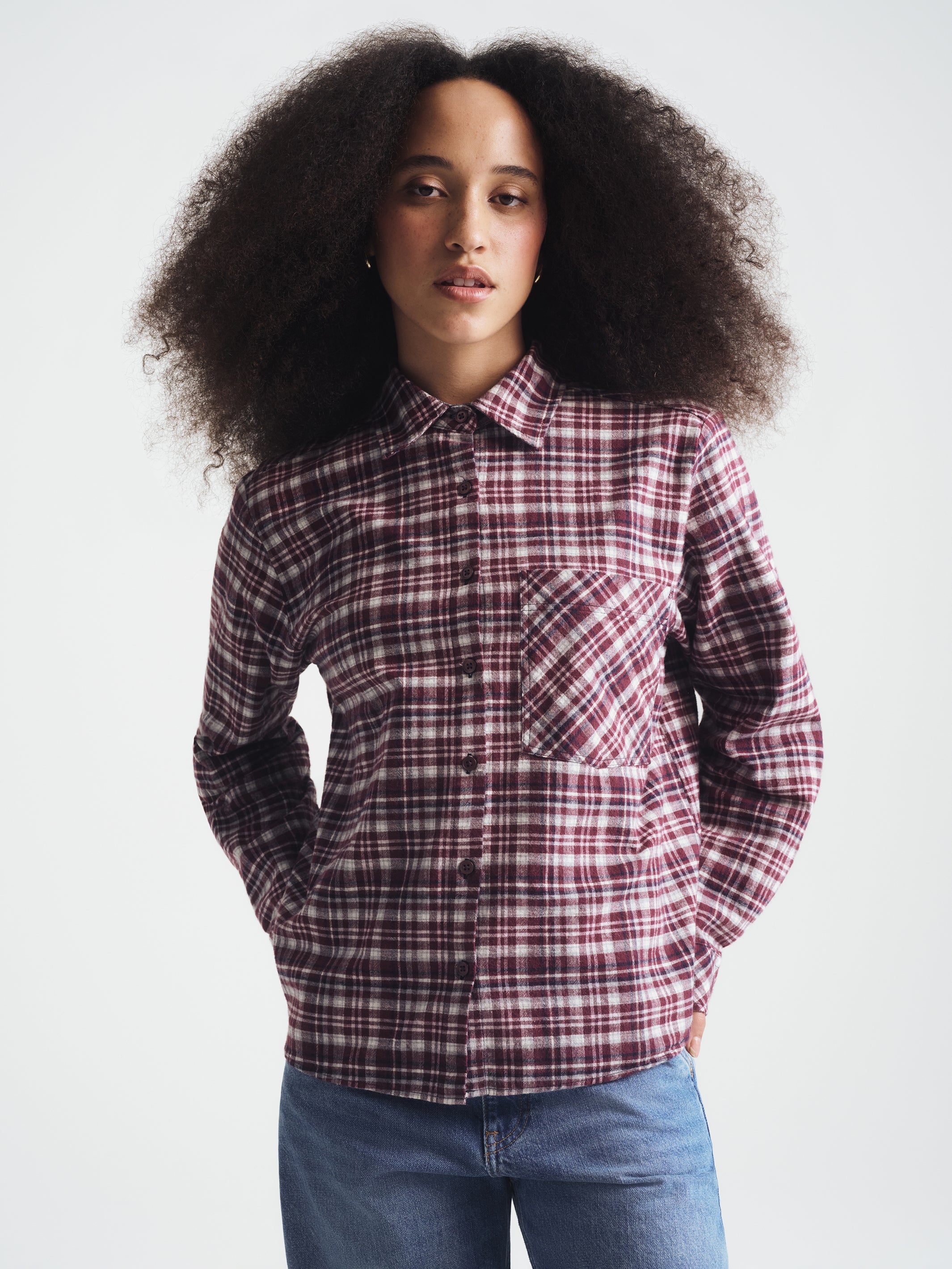 Women's Long Sleeve Plaid Shirt in Bordeaux Check - BROOKLYN INDUSTRIES