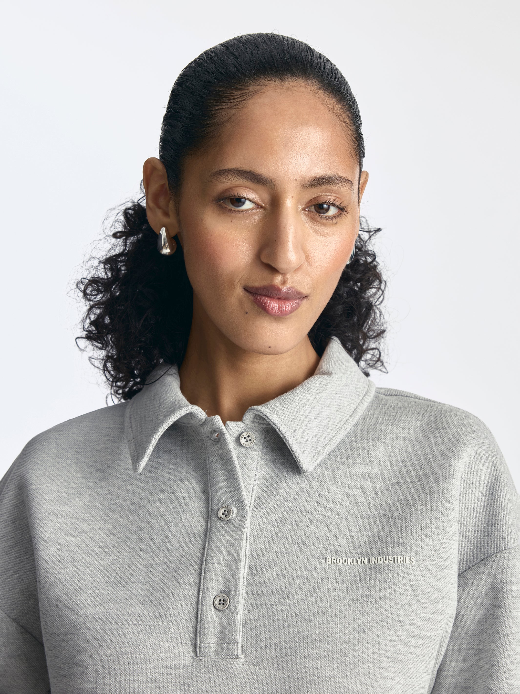 Women's Pique Polo Sweatshirt in Light Grey Melange - BROOKLYN INDUSTRIES