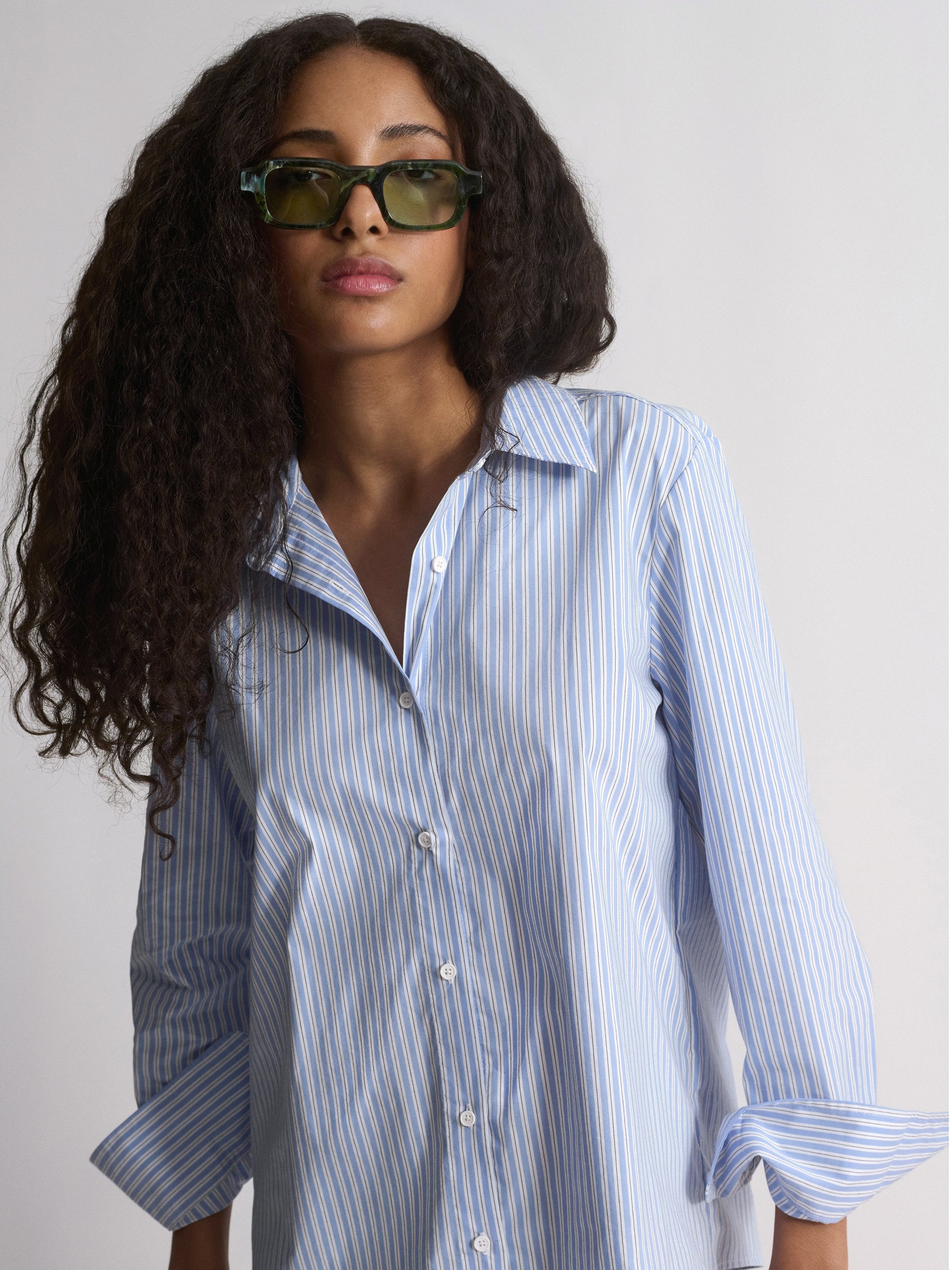 Women's Long Sleeve Shirt In Blue Striped - BROOKLYN INDUSTRIES